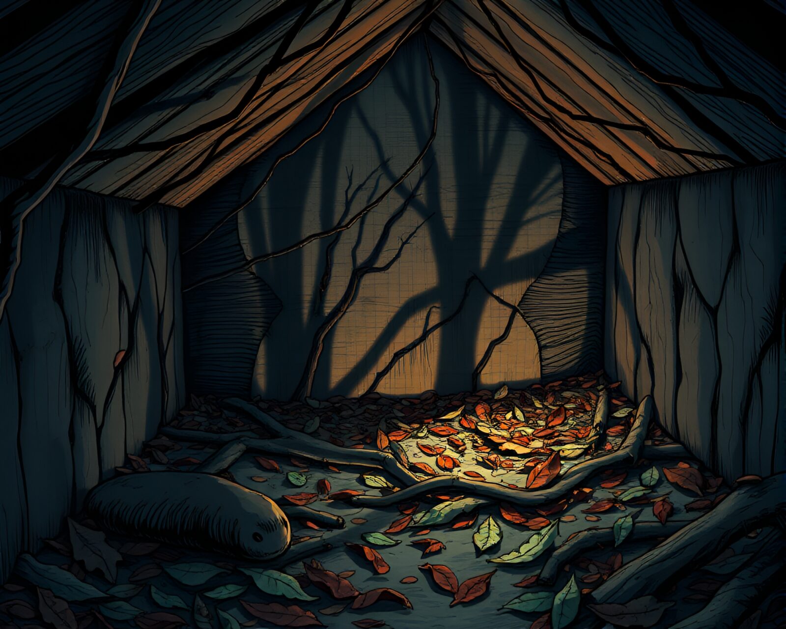 Dark medical illustration of Banshee in attic surrounded by leaves