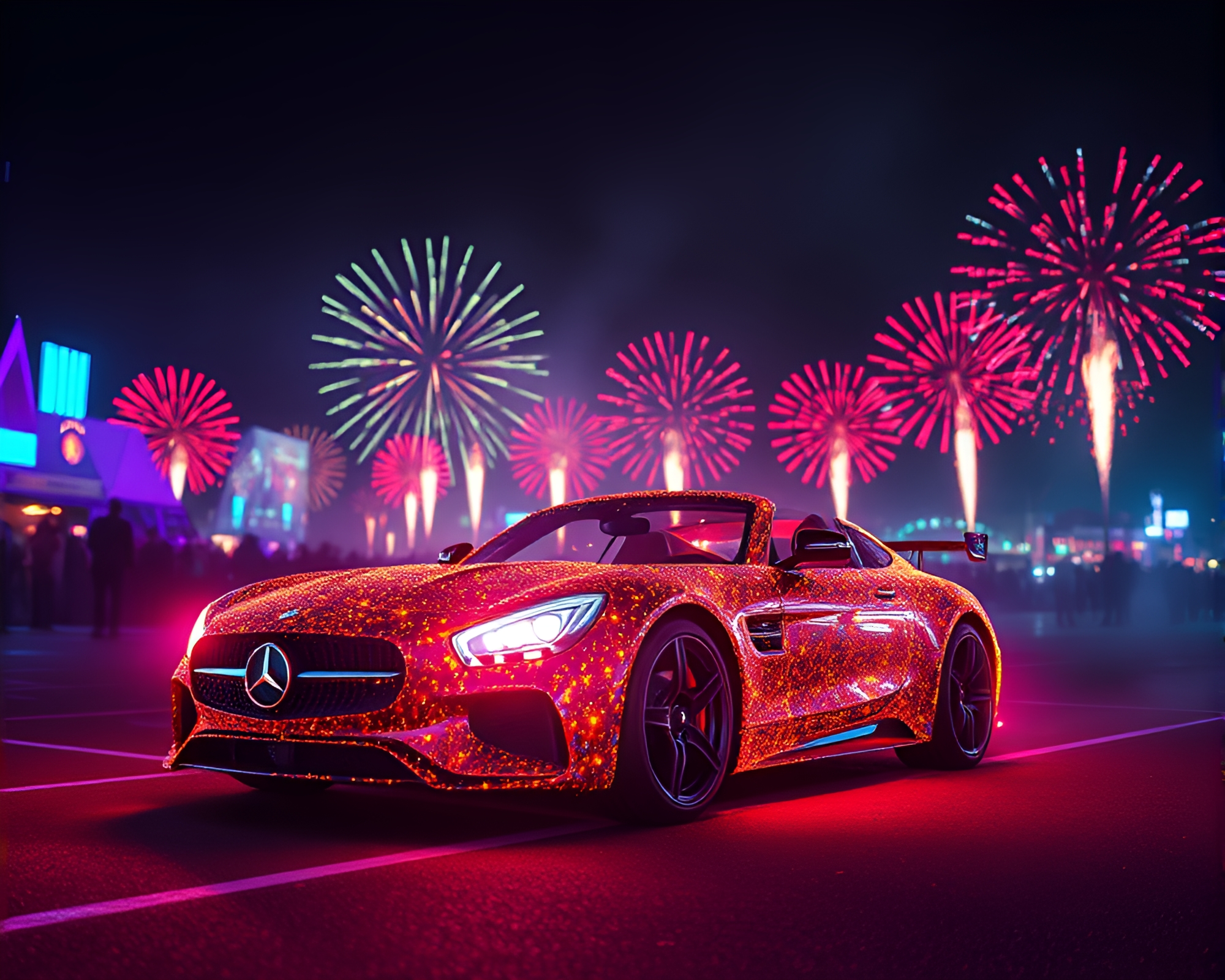 Vibrant Hover Car at Festival Fireworks Night – free AI stock image