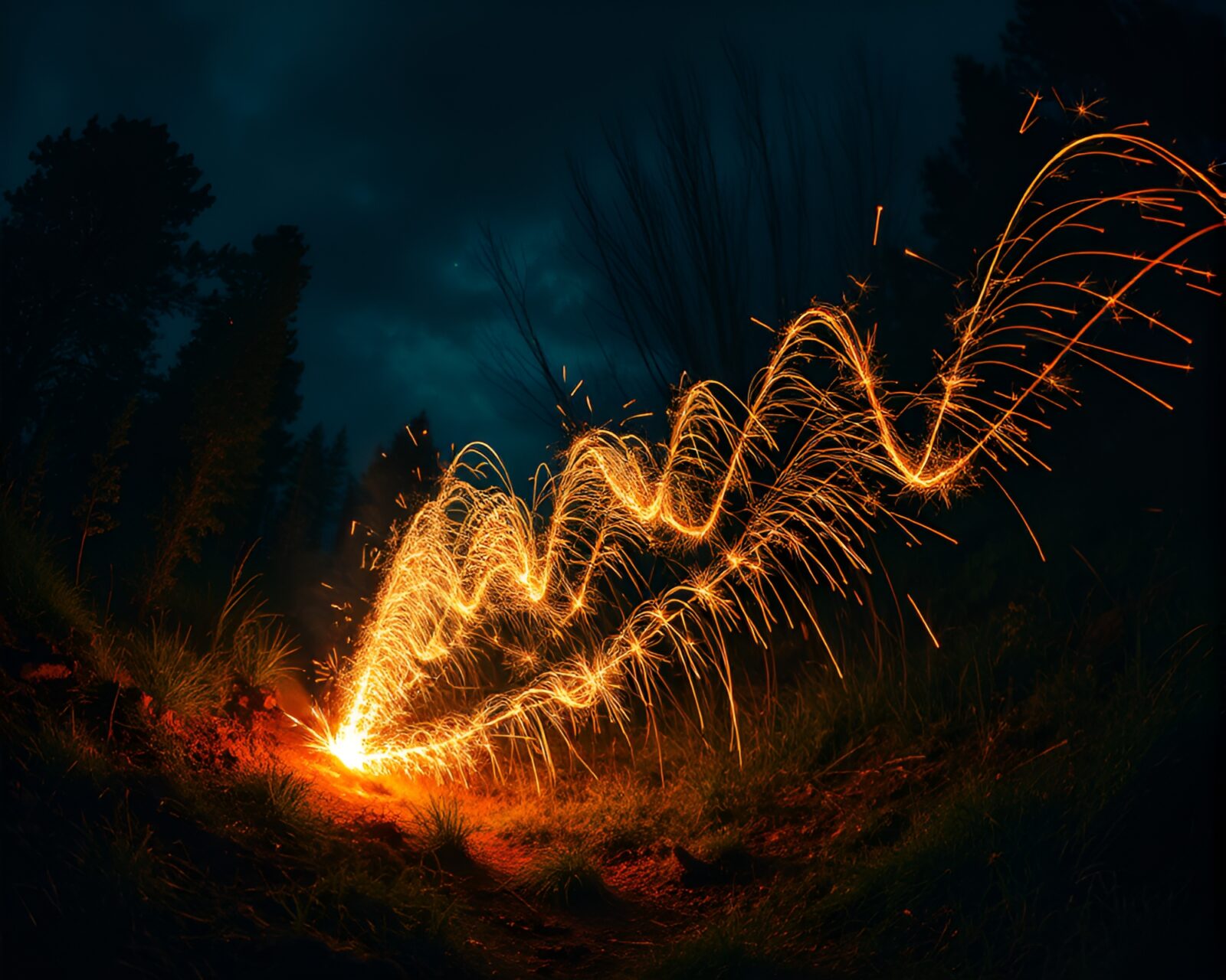 Abstract underpainting of a lively taco stand with glowing sparkler trails