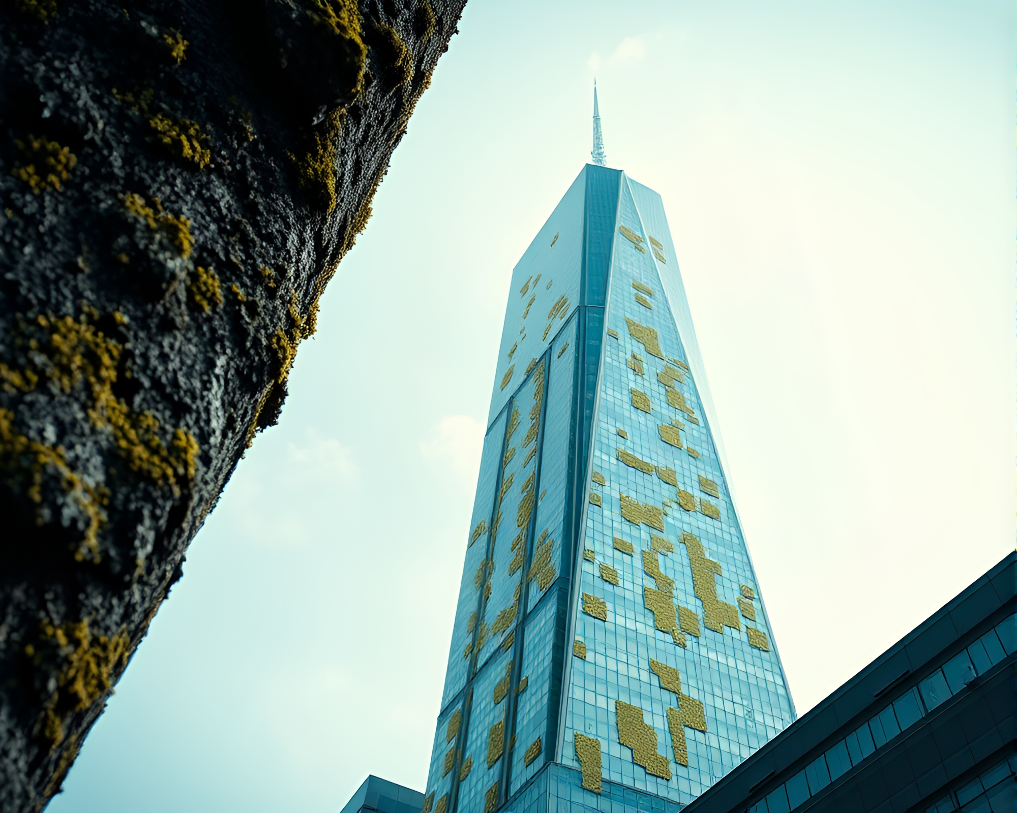Urban Lichen Skyscraper in Monochrome Blue – free AI stock image