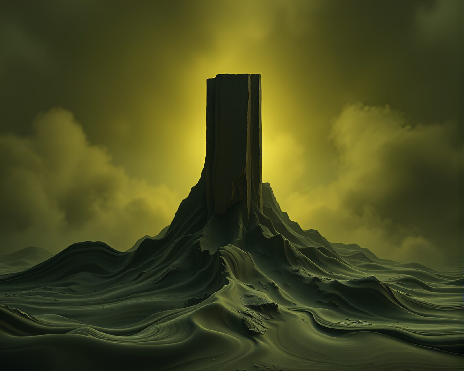 A striking monolith standing in a swirling olive drab mist