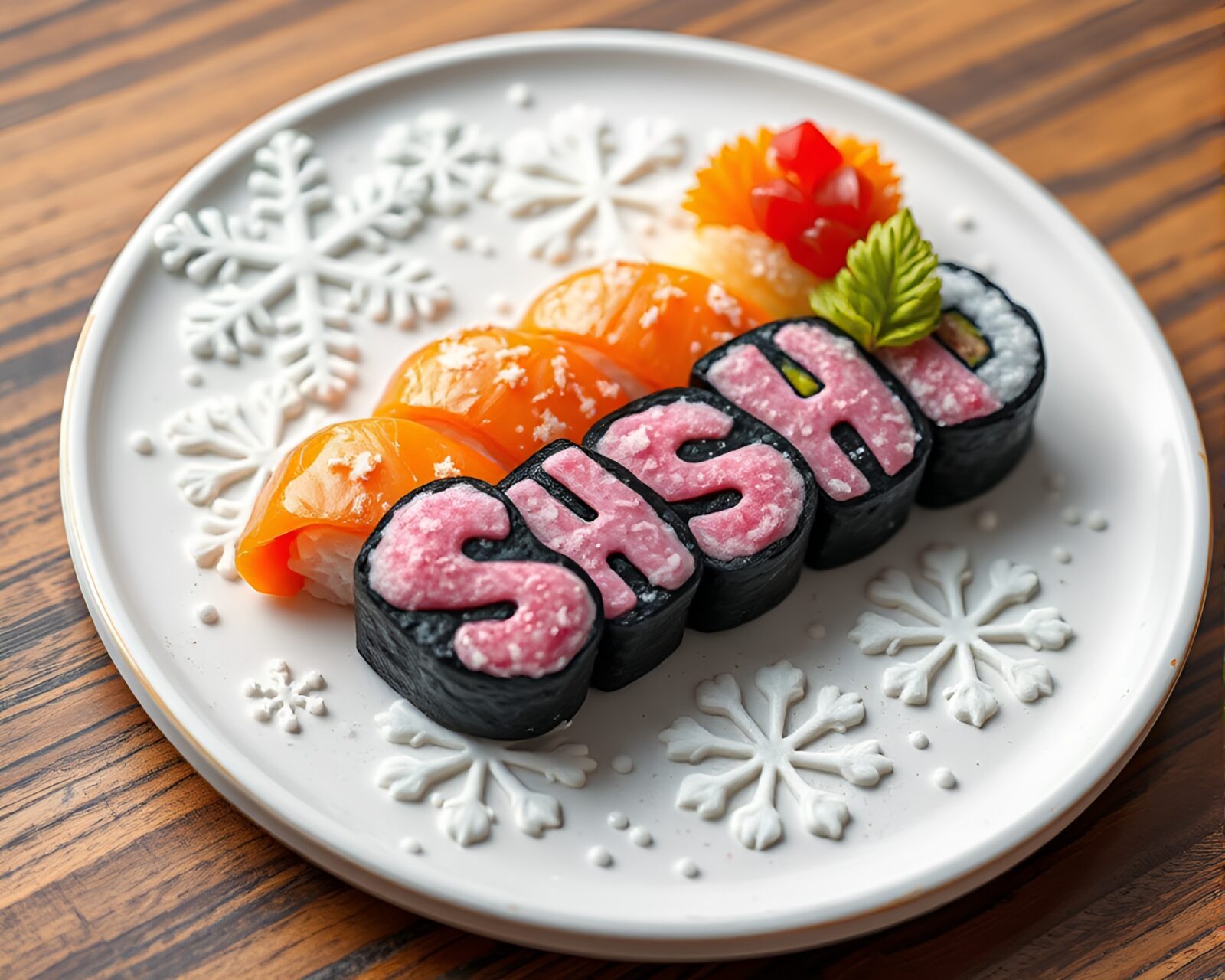 Colorful sushi platter surrounded by intricate snowflake designs