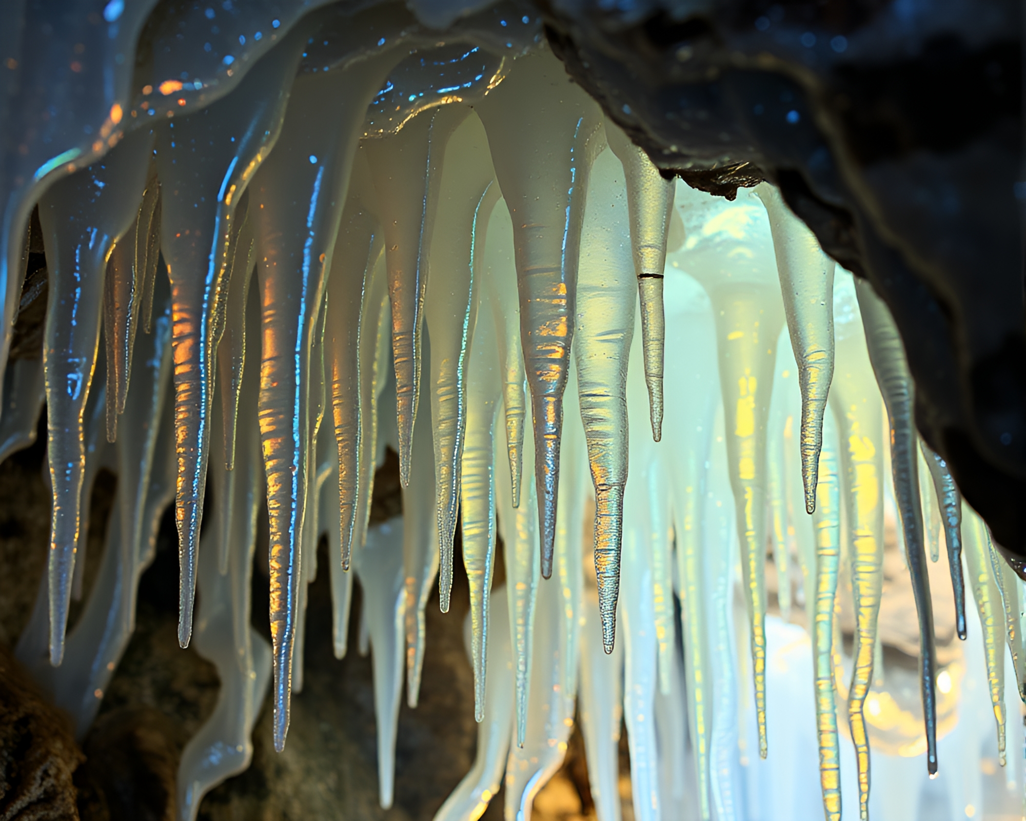 Iridescent Soap Bubble Cave with Metallic Stalactites – free AI stock image