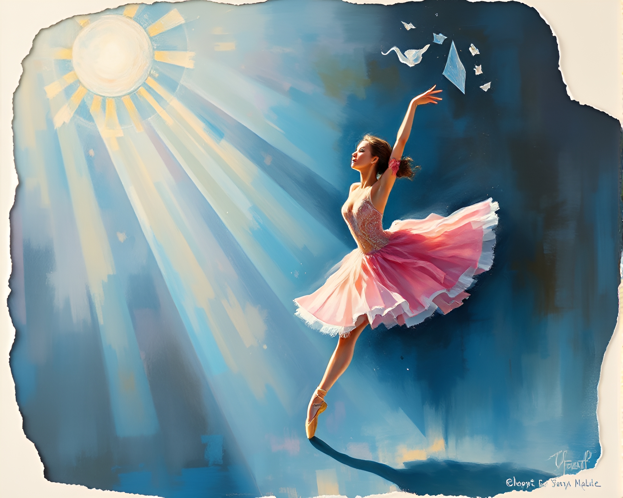 Ethereal Ballet Dancer Embracing Sunbeam Acrylic Painting – free AI stock image