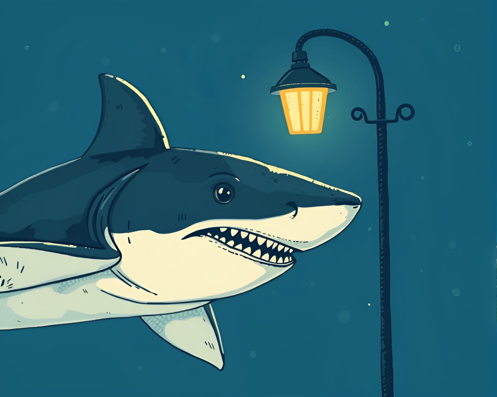Illustration of a shark in a stitched pattern style under a streetlamp