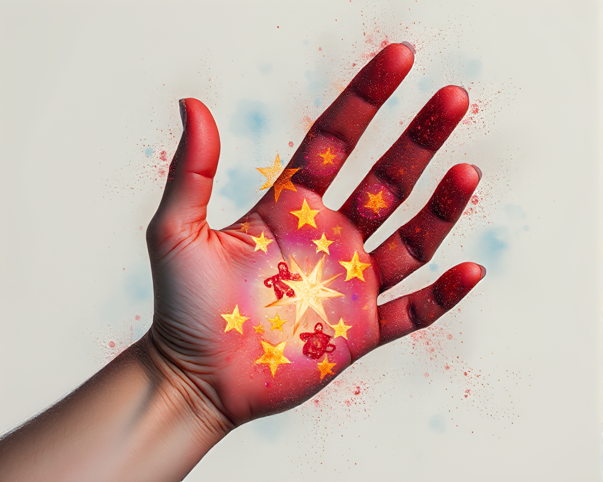 Cybernetic Hand in Starburst Glow with Dust Overlay – free AI stock image