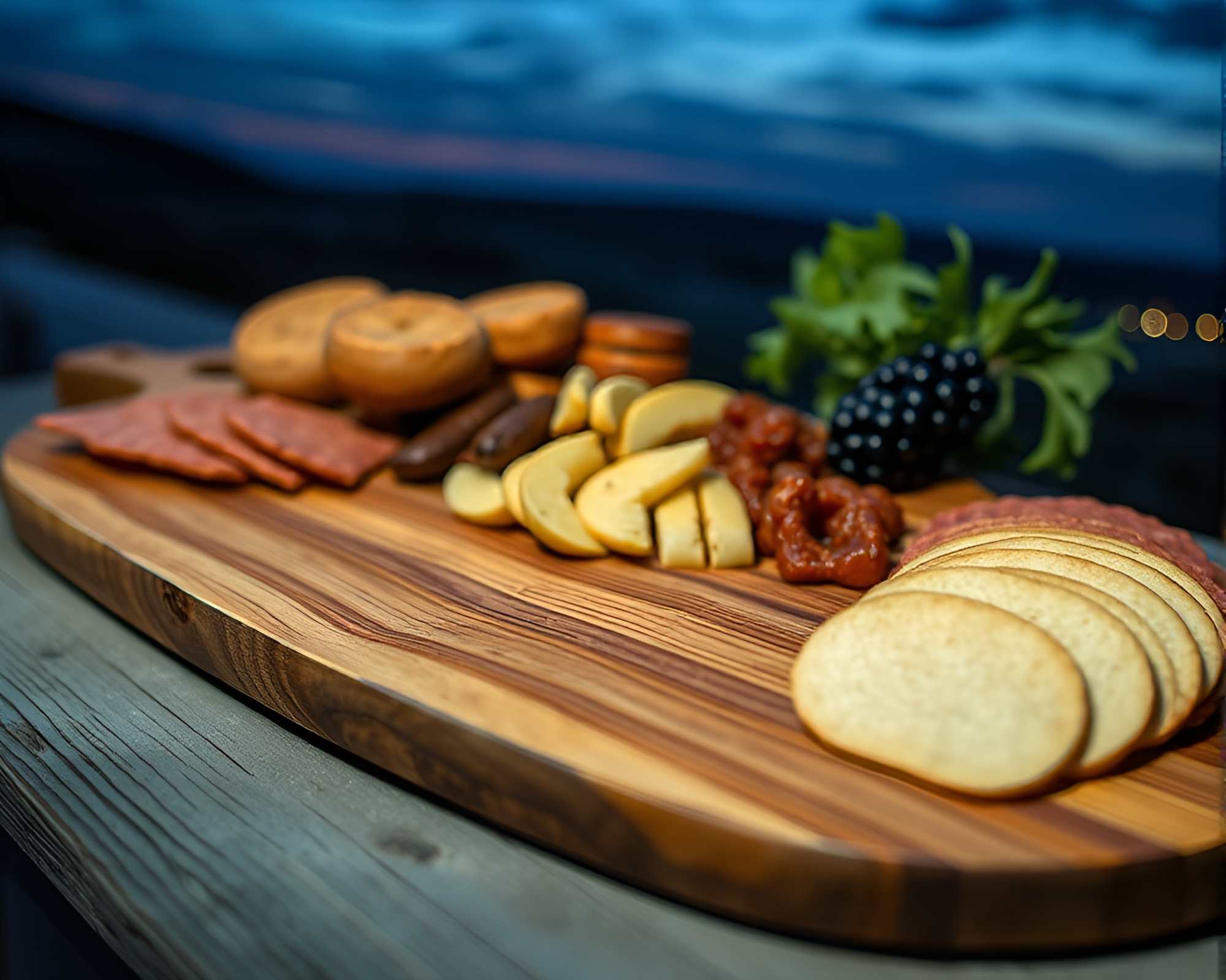 Twilight Charcuterie Board with Matte Wood Grain Details – free AI stock image
