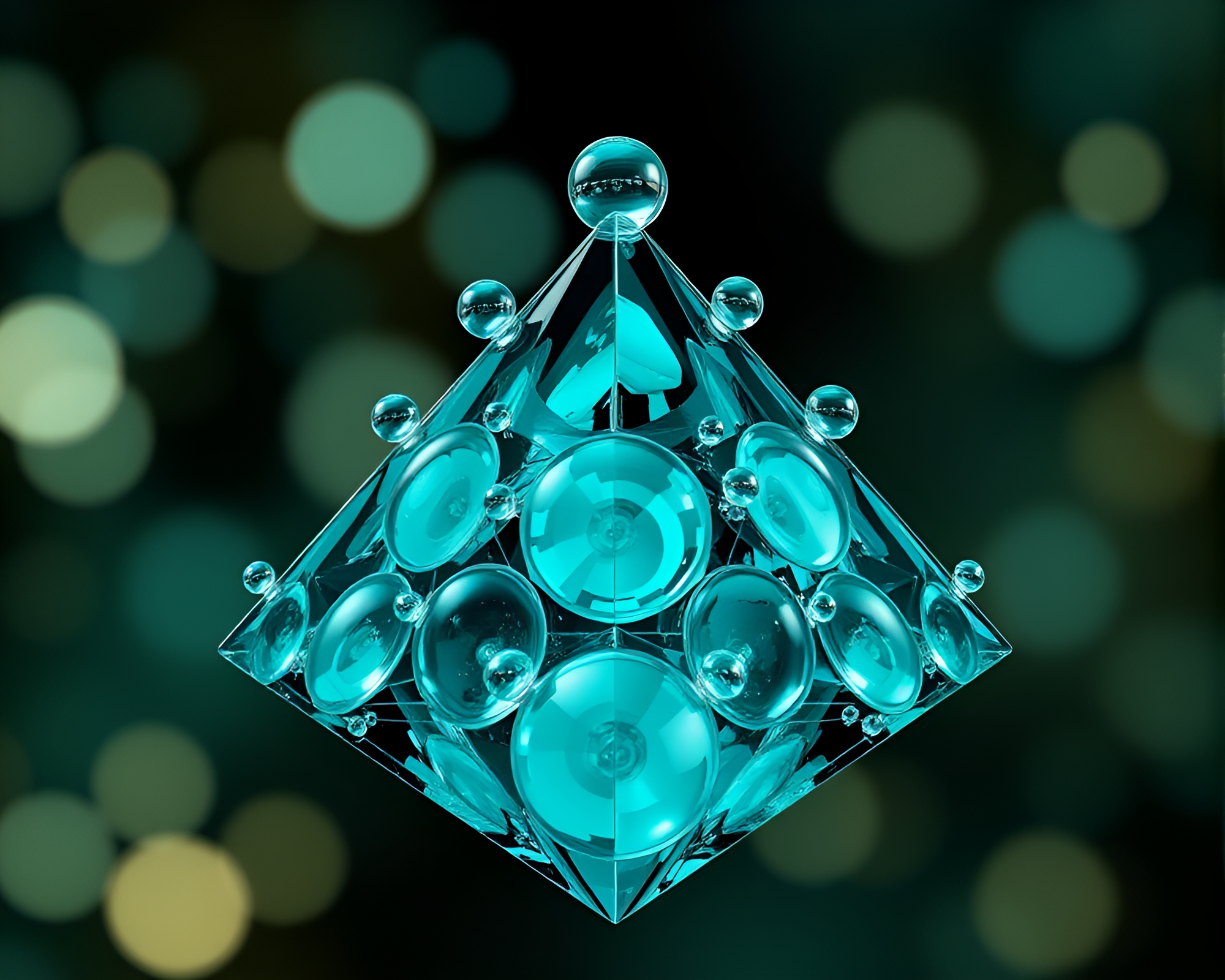 Teal Serenity: Glass Pyramid Bubble Cluster Cubist Fantasy – free AI stock image