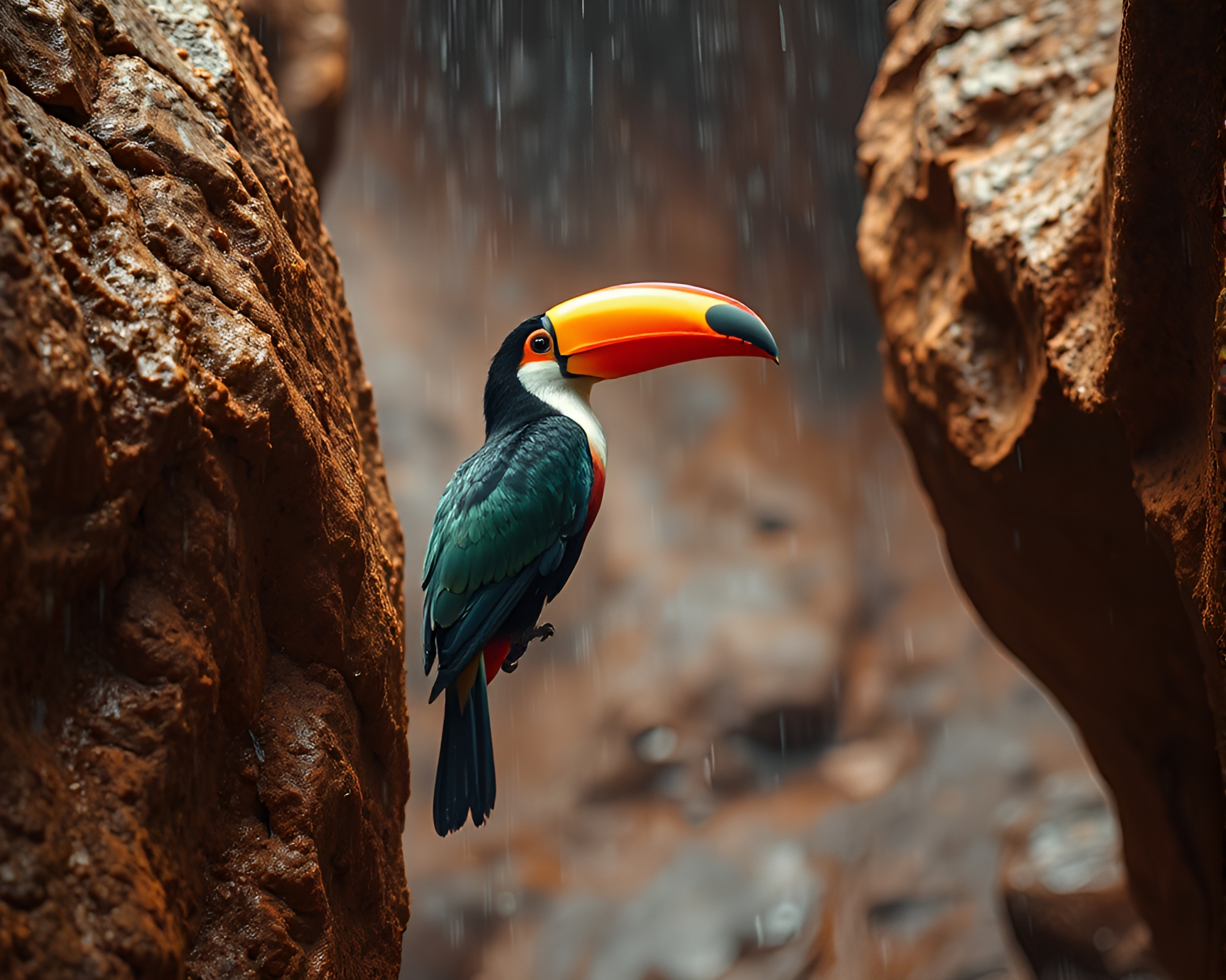 Toucan Rain Droplets in Rust Canyon Color Splash – free AI stock image