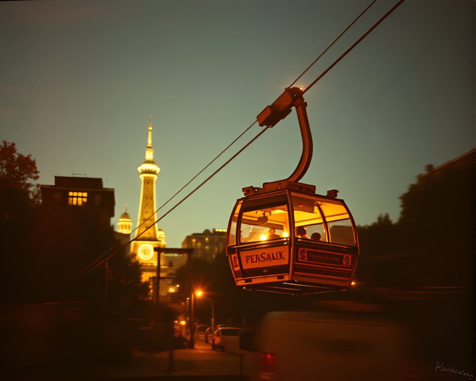 Double exposure image of gondola lift in savannah sunset