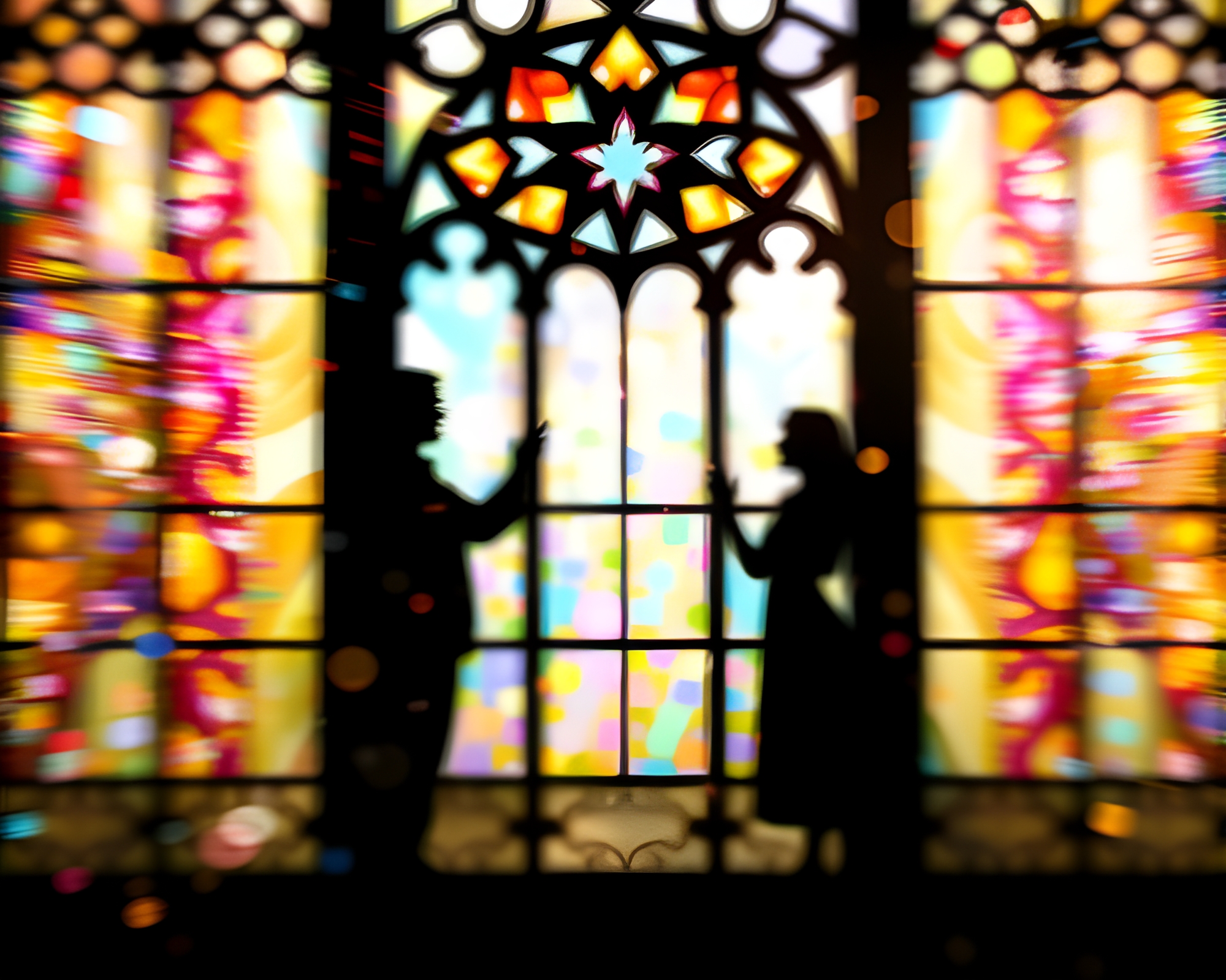 Silhouette of vibrant stained-glass window with pan motion blur – free AI stock image
