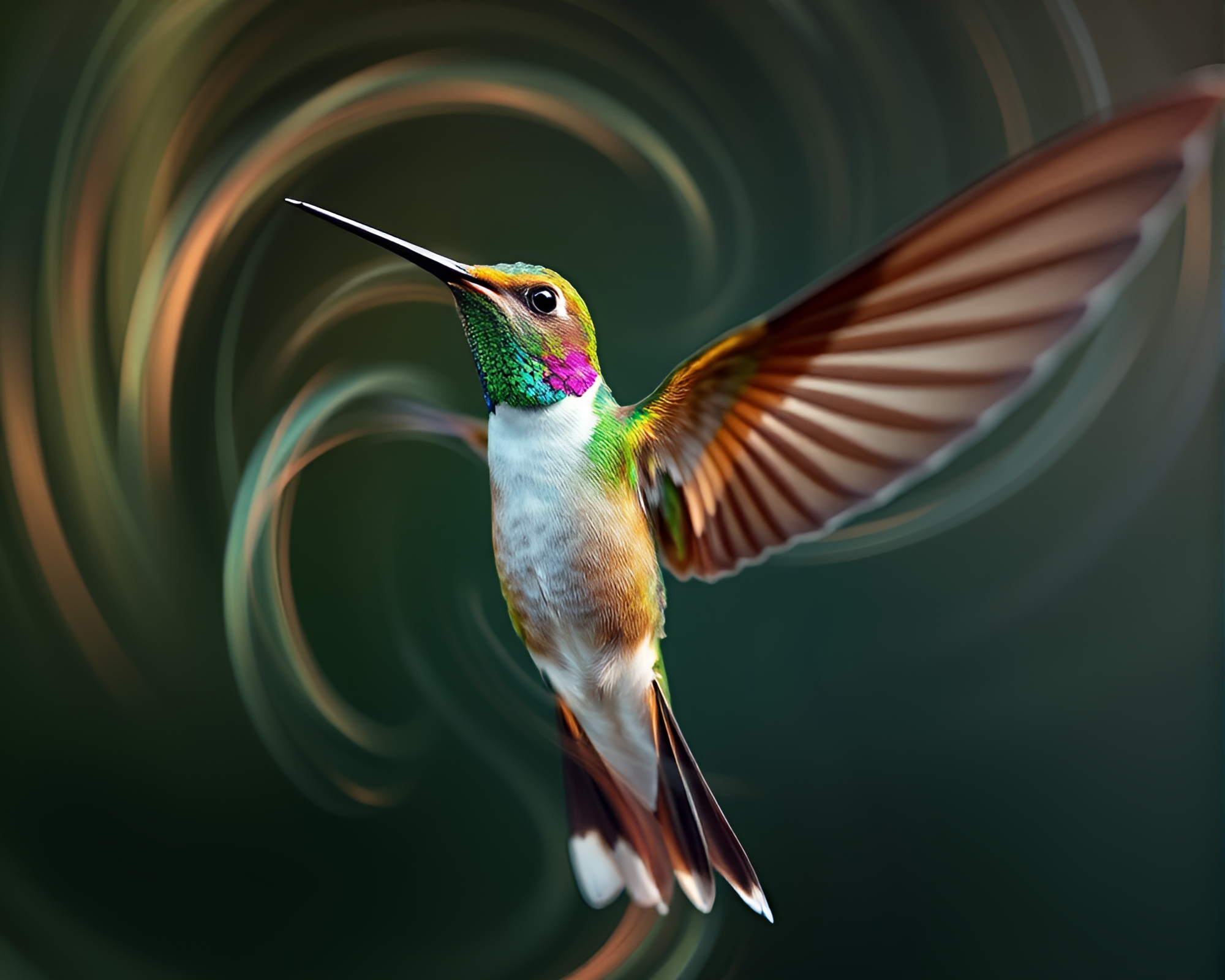 Whirling Hummingbird: Metallic Macro View – free AI stock image