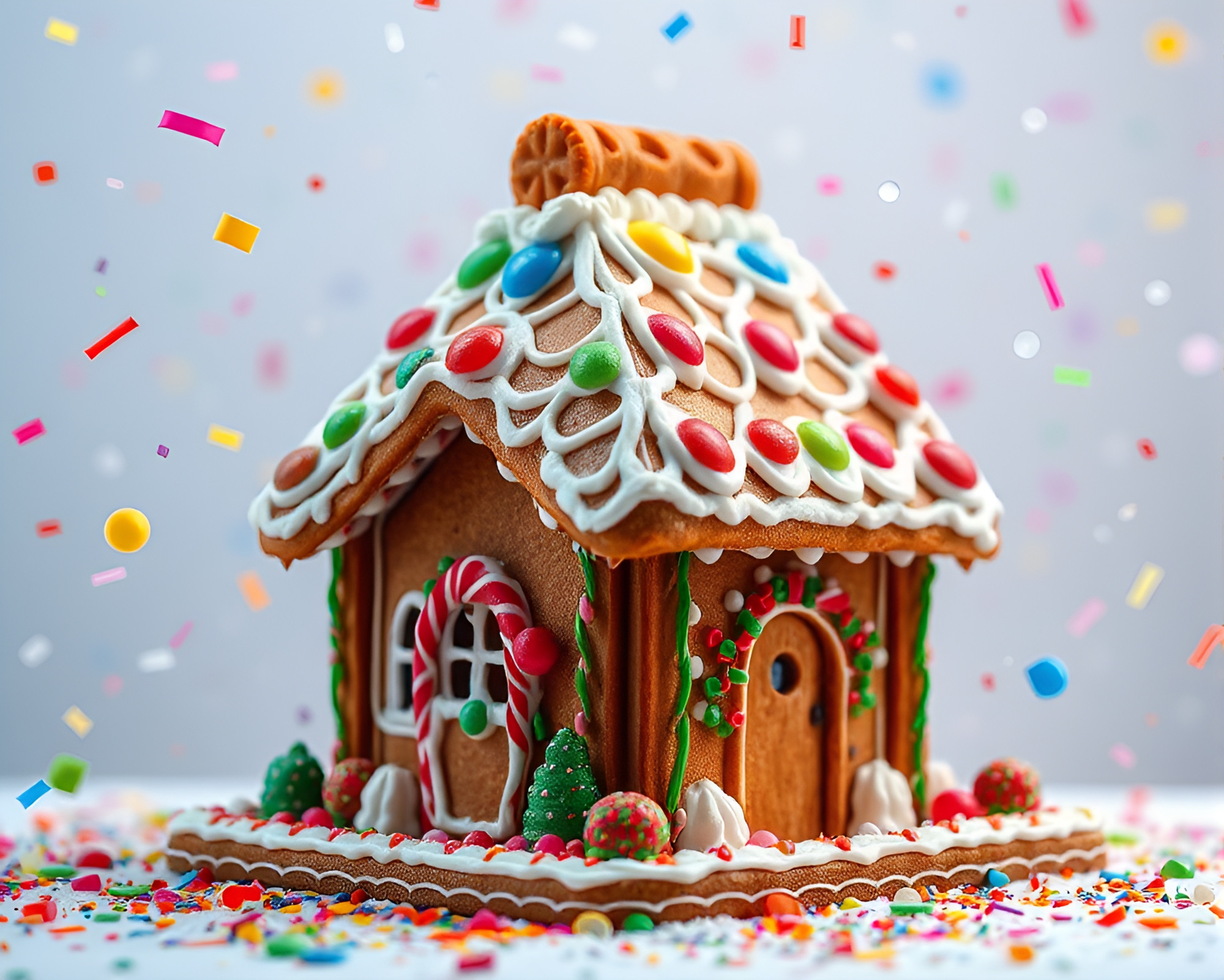 Bio-organic Gingerbread House with Water Droplets Confetti – free AI stock image