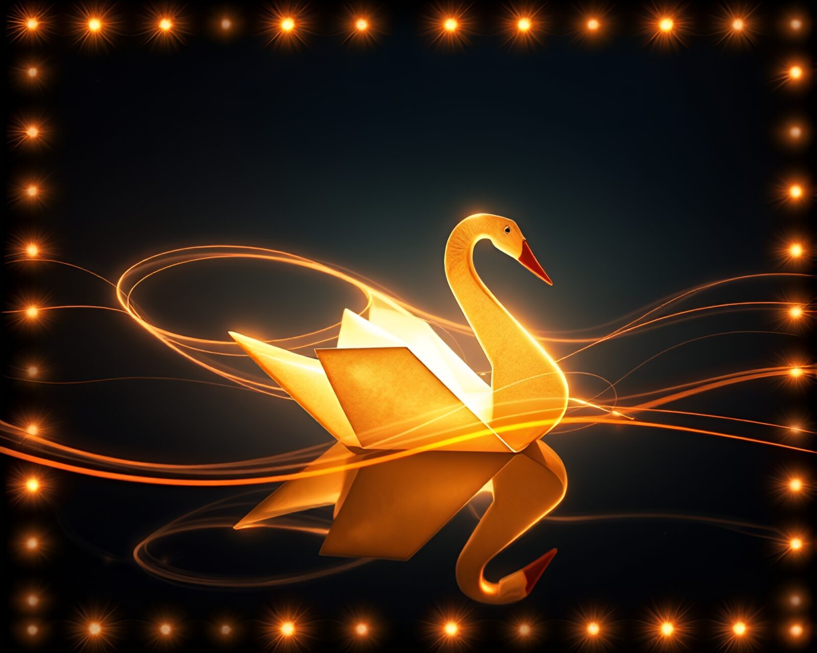 Abstract image of glowing origami swan with light trails