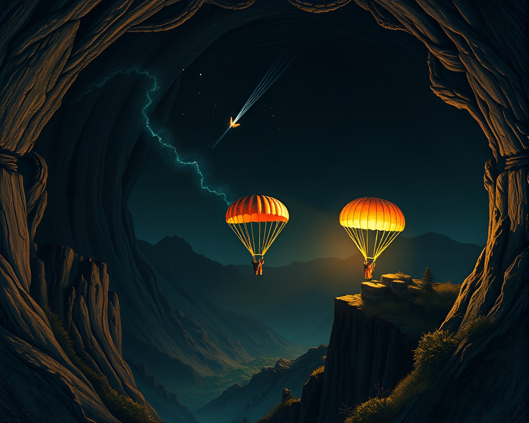 Twisting Vortex: Parachute Jumper in Dungeon Torchlight – free AI stock image