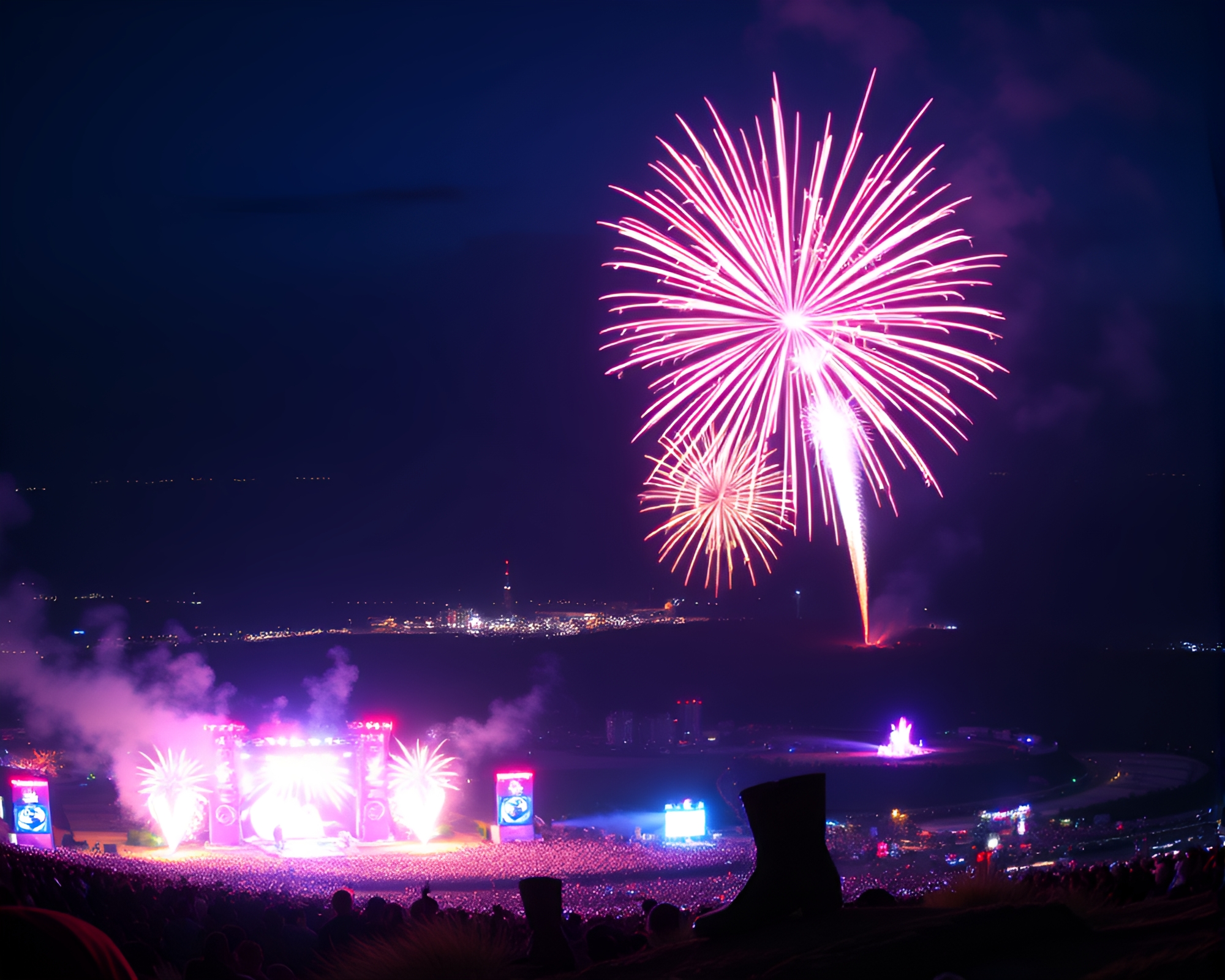 Gravity Boots Festival Fireworks Panorama – free AI stock image