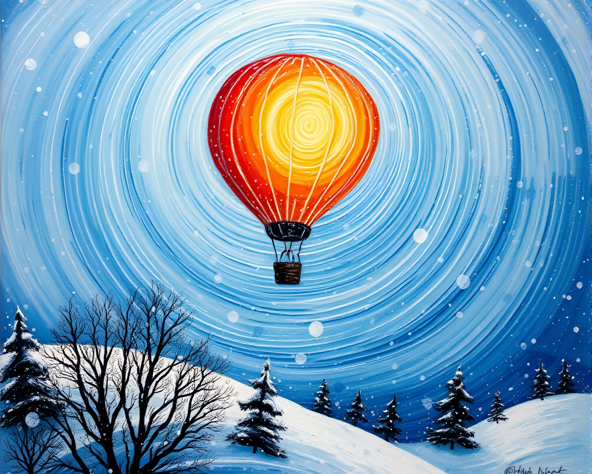 Whimsical Hot Air Balloon Flight in Snowy Impasto Landscape – free AI stock image