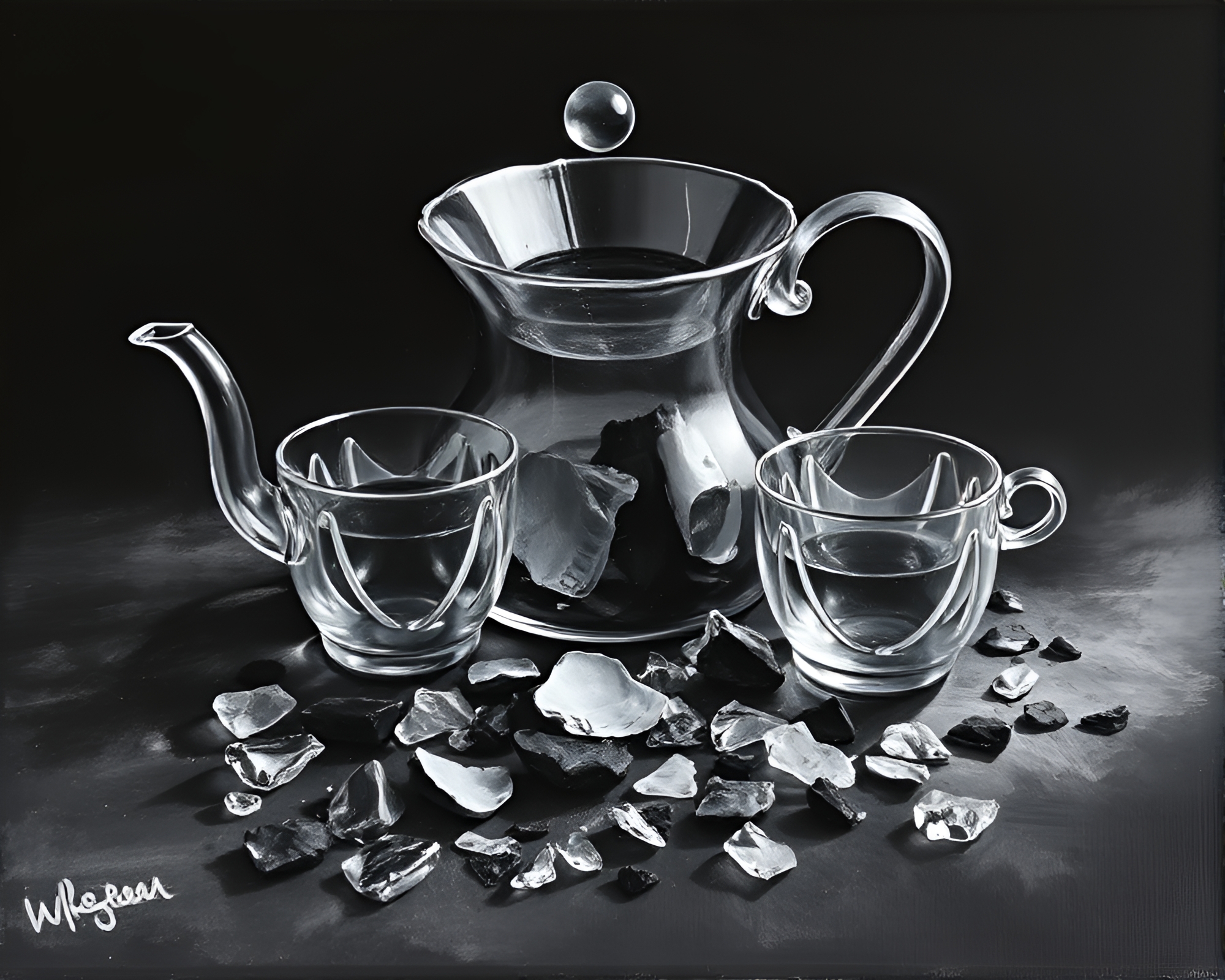 Fresco Tea Set Among Charcoal Glass Shards – free AI stock image