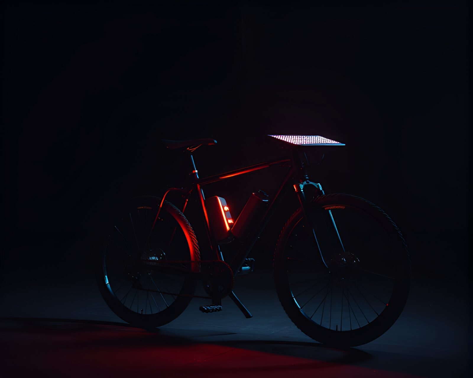 Solar-powered bike in noir setting with holographic texture