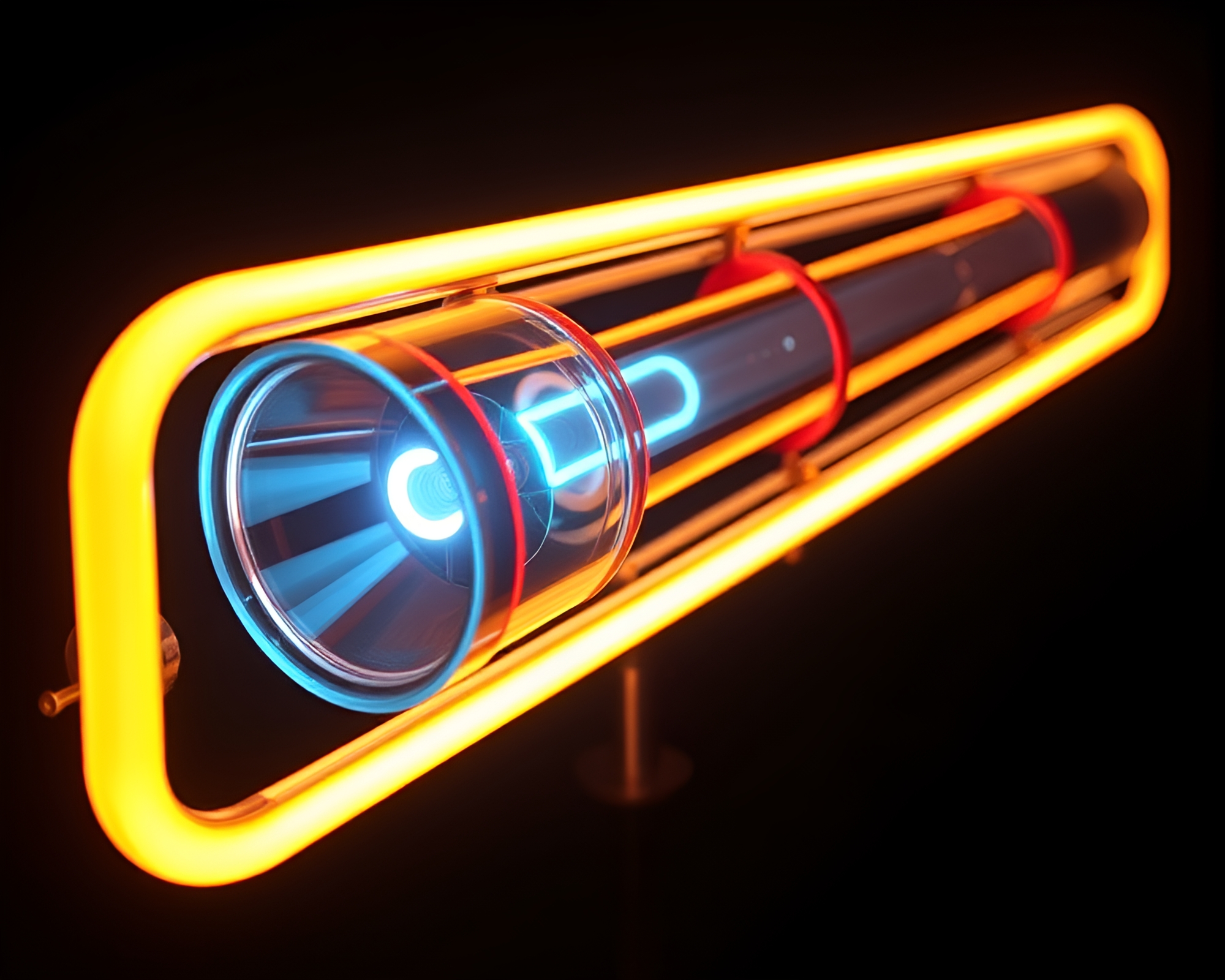 Brass telescope in mystical library illuminated by neon light – free AI stock image