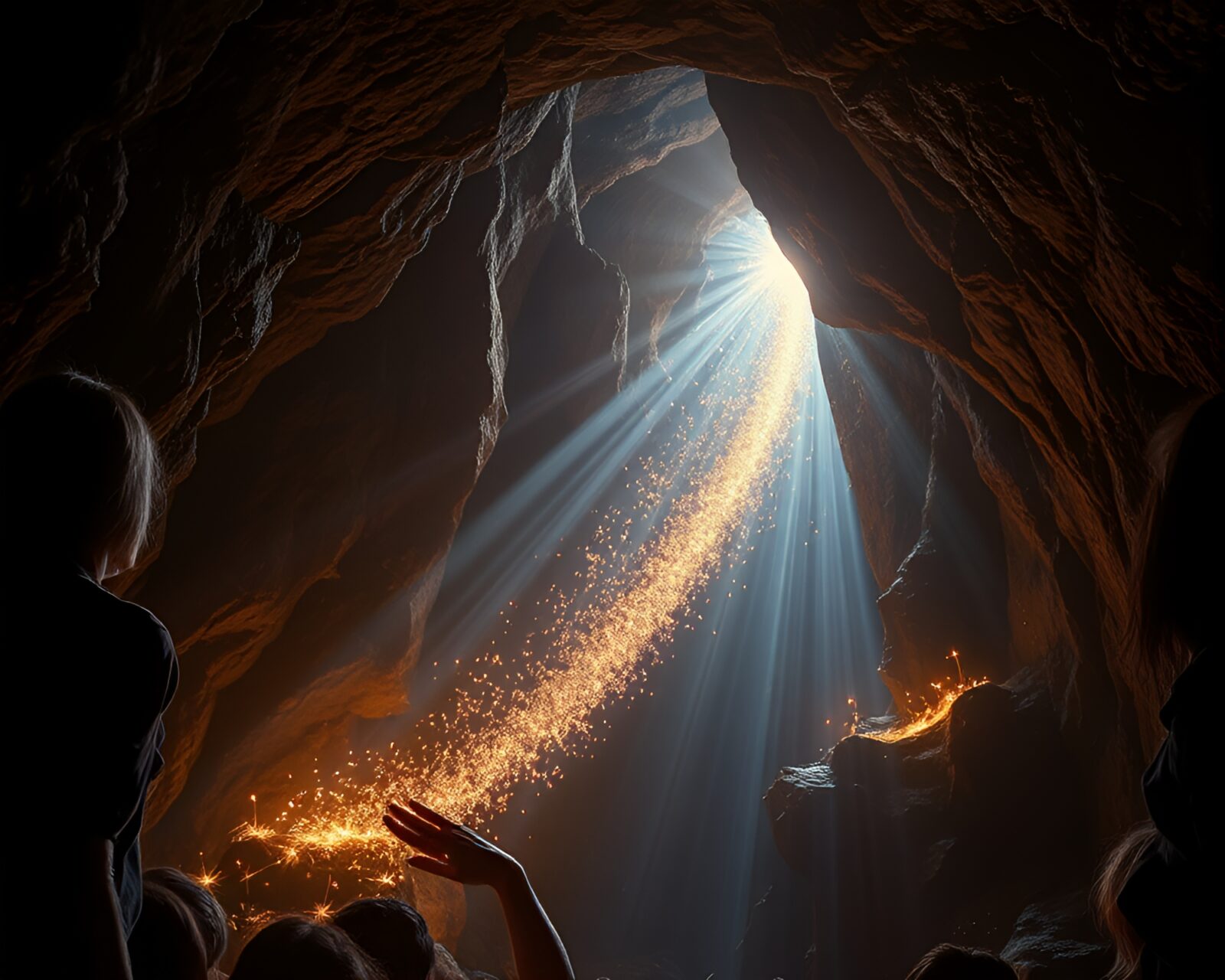 Chiaroscuro illustration of sparkler trails in ancient cave art