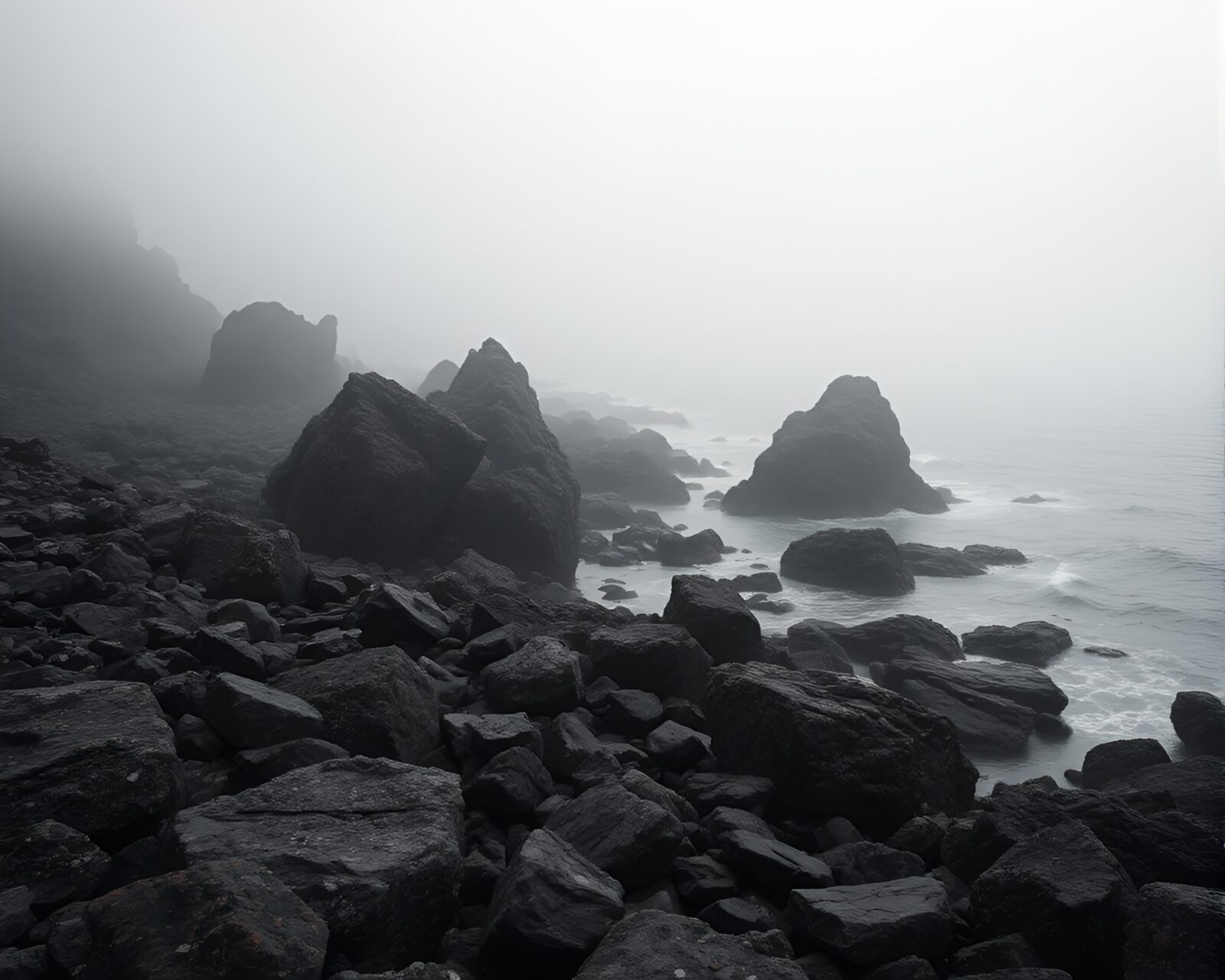 Detailed beadwork accents on misty rocky coastline at dusk