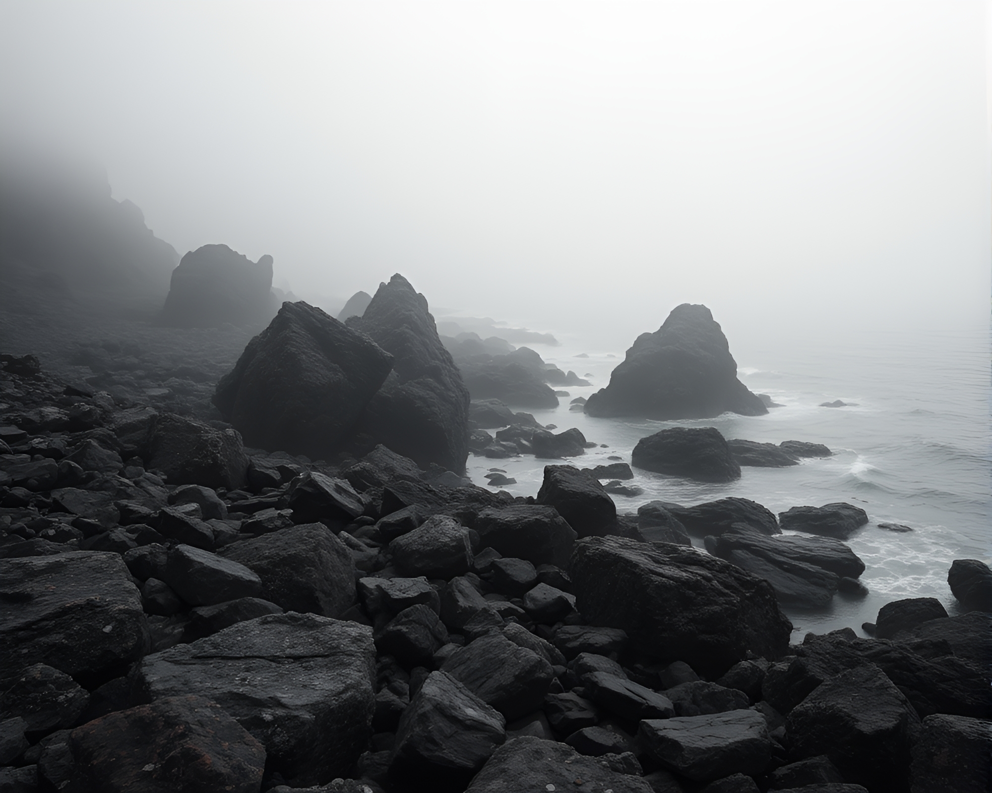 Beadwork Accented Rocky Coastline in Misty Chiaroscuro – free AI stock image