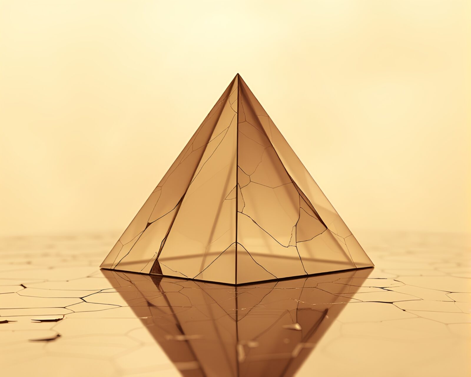 Surreal pyramid made of origami, reflecting in broken glass.