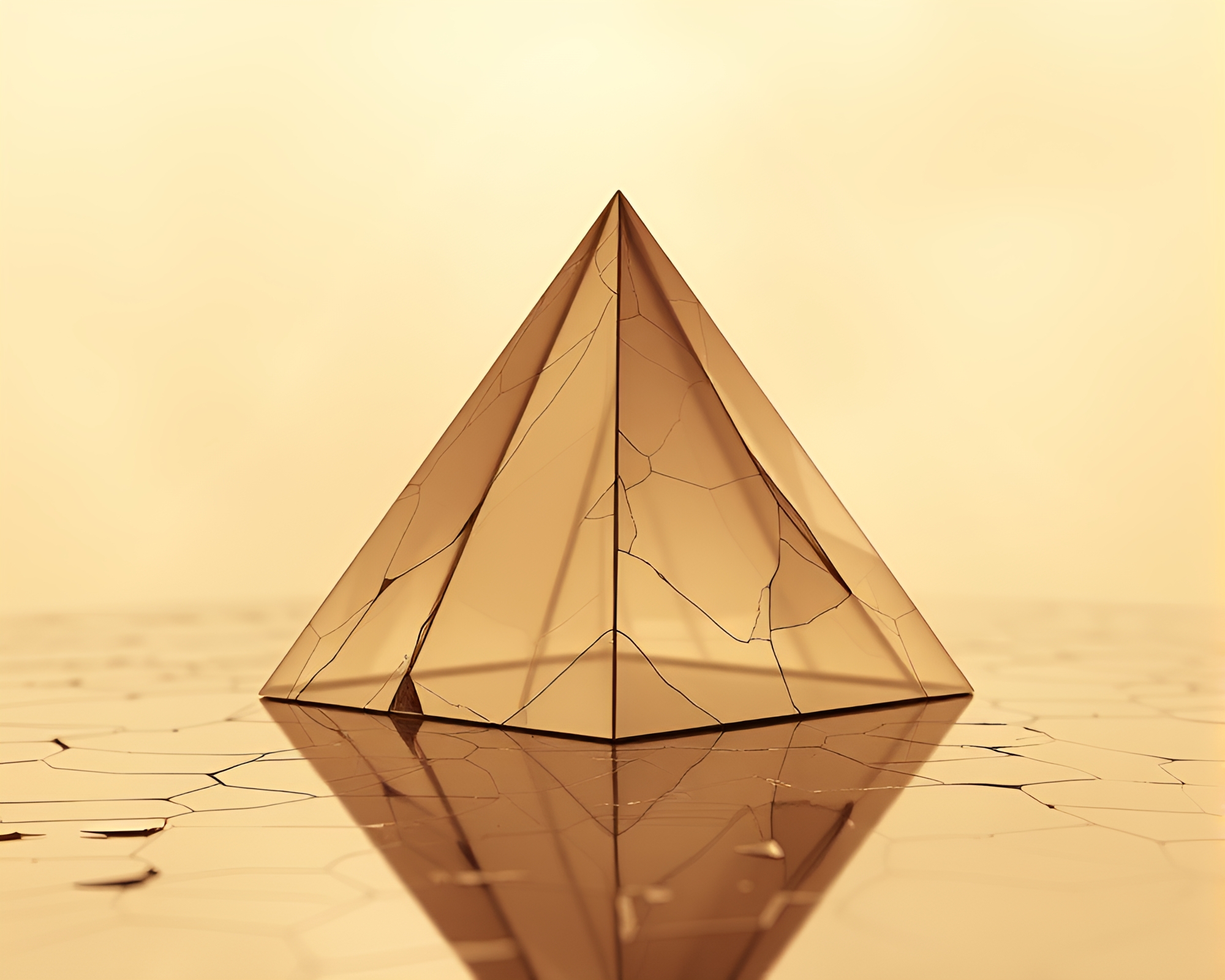 Sepia Origami Pyramid Reflecting Broken Glass Composition – free AI stock image
