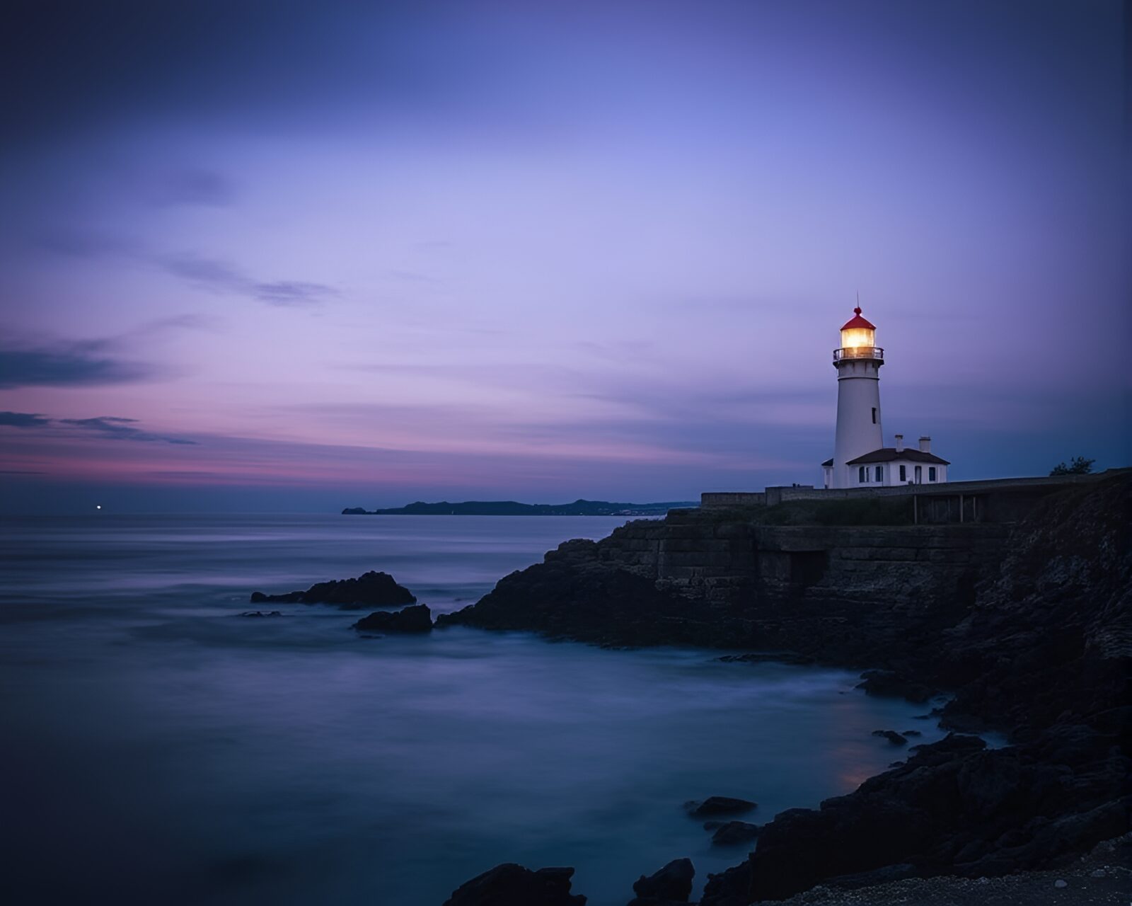 Majestic lighthouse at dusk with enchanting purple lighting