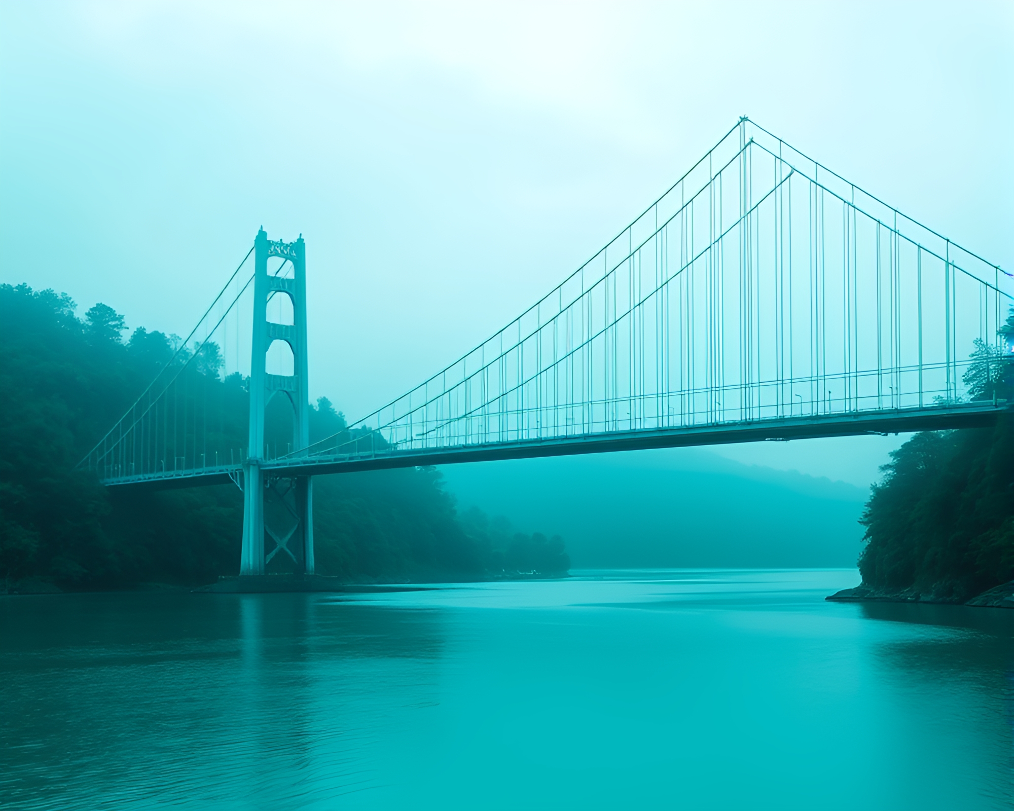 Suspension Bridge in Turquoise Duochrome Grid Overlay – free AI stock image