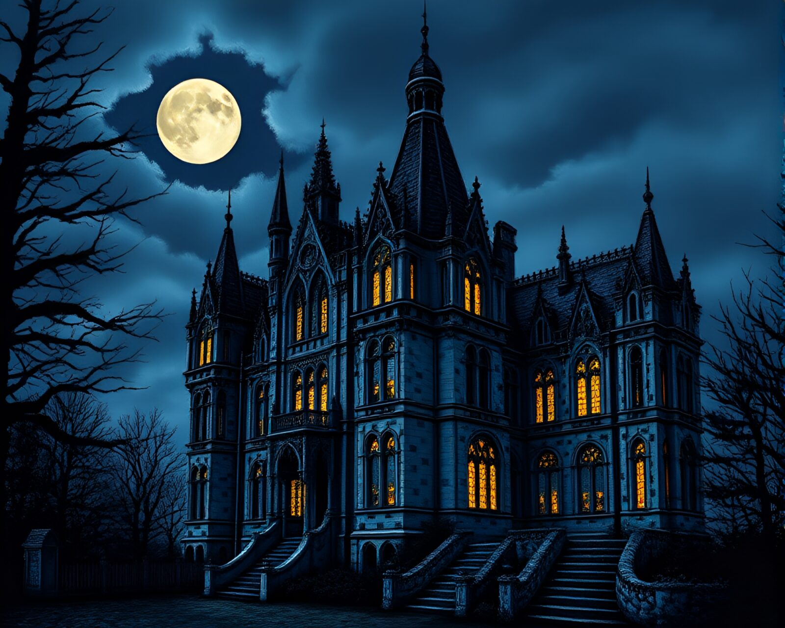 Intricate embroidered details adorn a majestic mansion at night