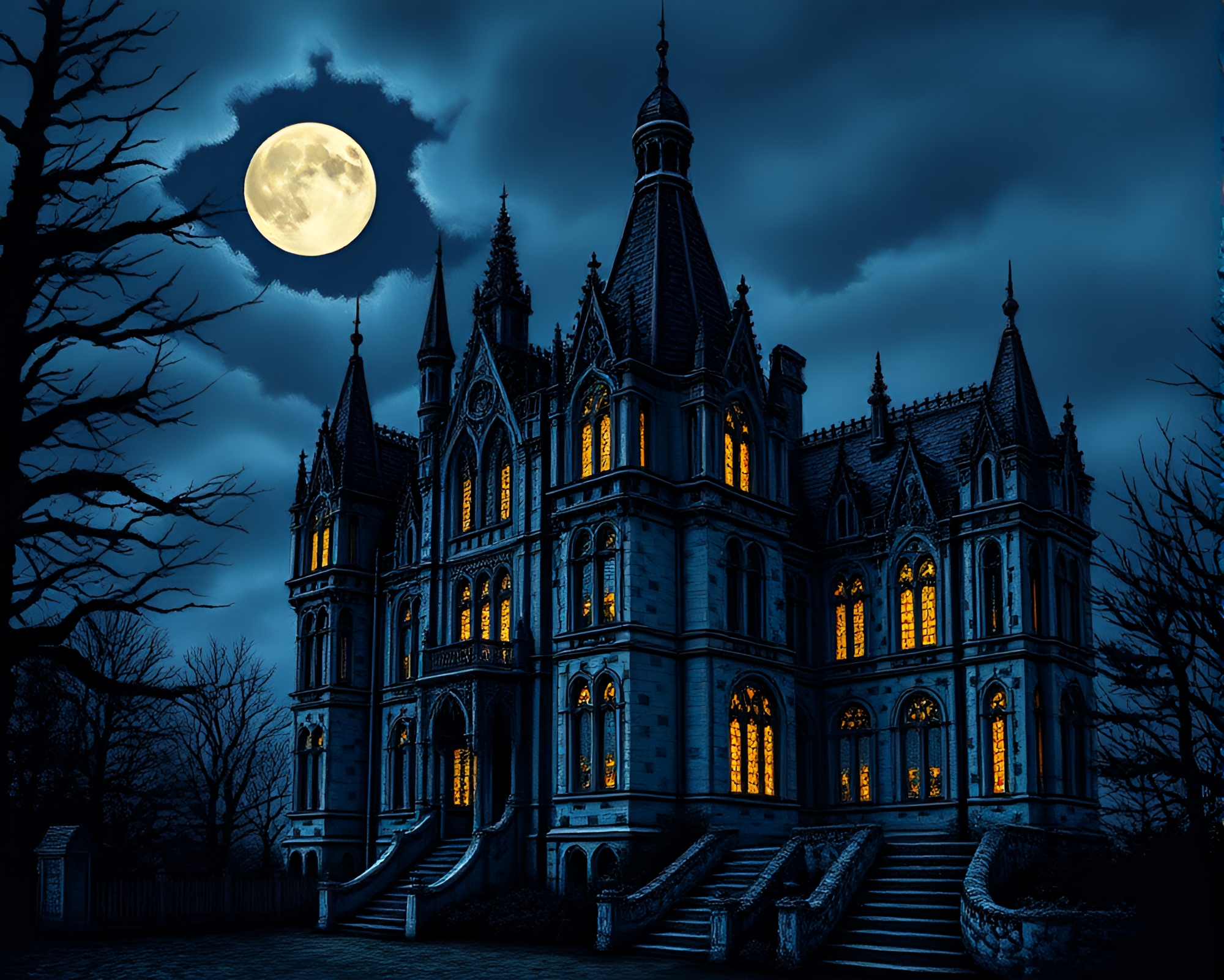 Neo-Gothic Mansion Embroidered in Moonlight – free AI stock image