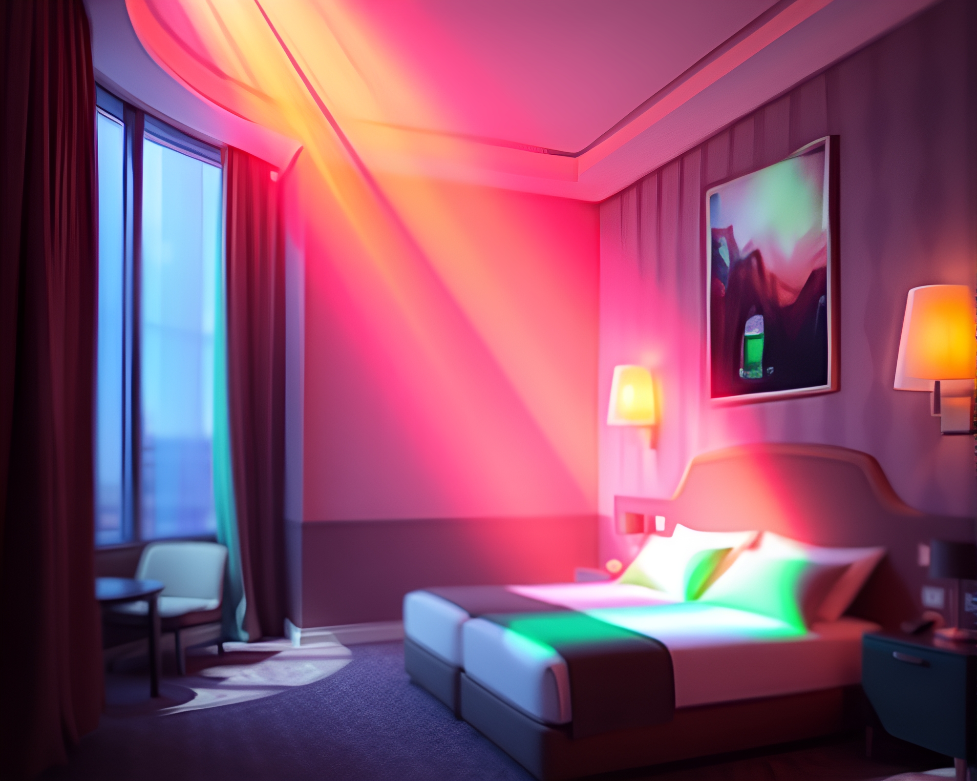 Rainbow Art Deco Hotel Lobby with Soft Focus Background – free AI stock image