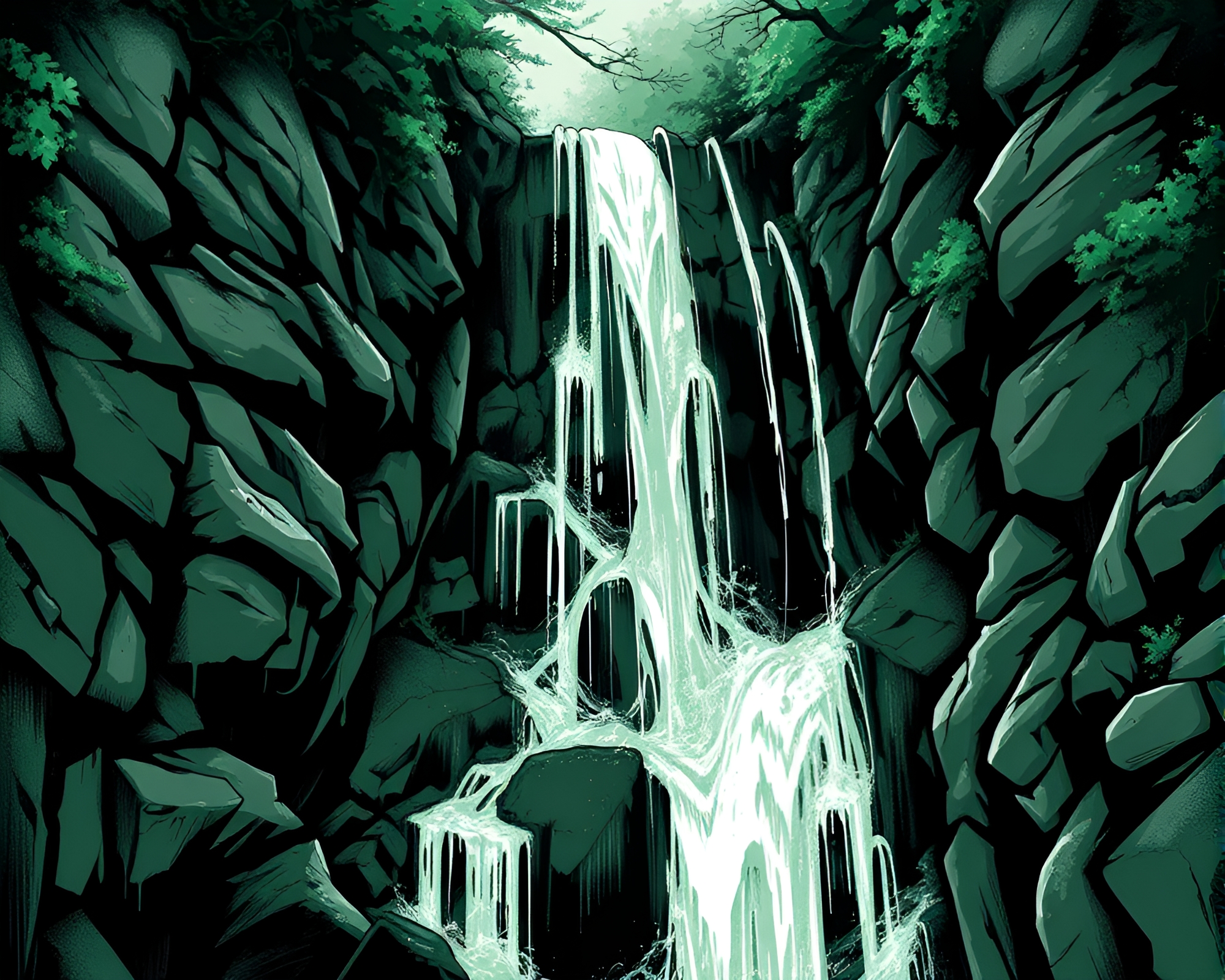 Anime Waterfall Street Art Tags in Monochrome Green – free AI stock image