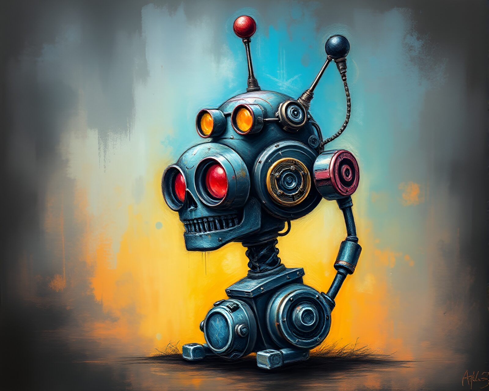 Acrylic painting of a whimsical steampunk robot in pastel colors
