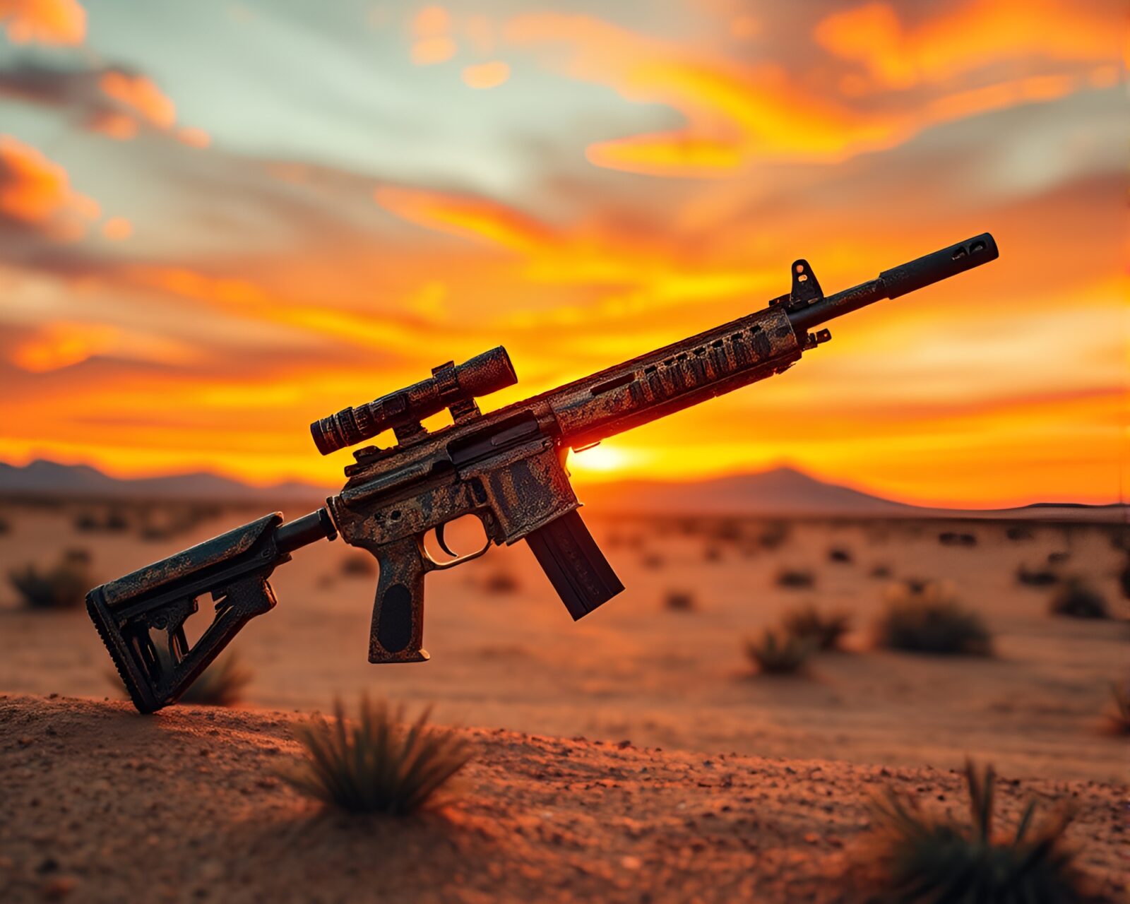 Rust patina covered plasma rifle against fractal desert background