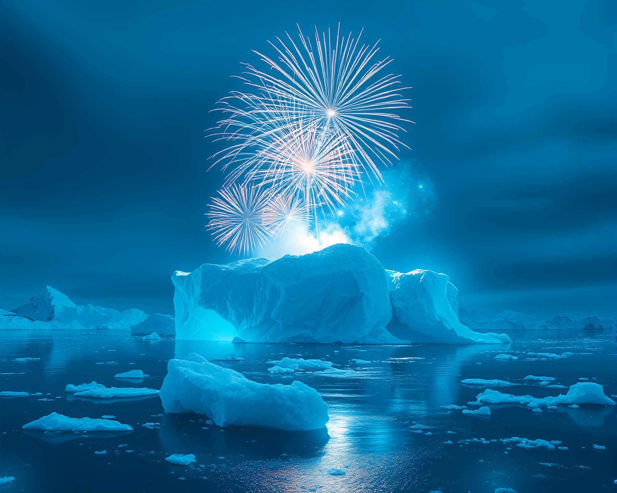Arctic Iceberg Illuminated by Fireworks in Blueprint Style – free AI stock image