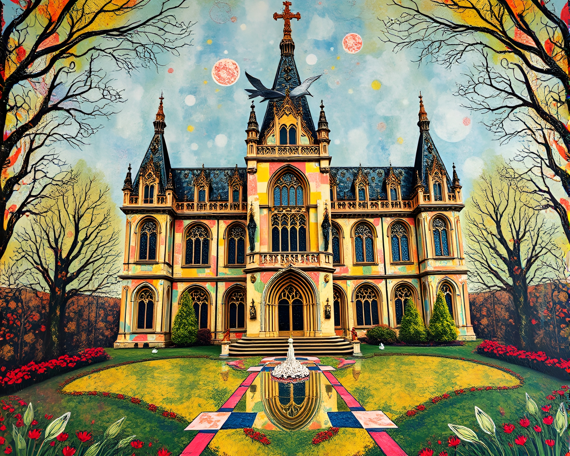 Neo-Gothic Mansion Mural: Encaustic Kaleidoscope Art – free AI stock image