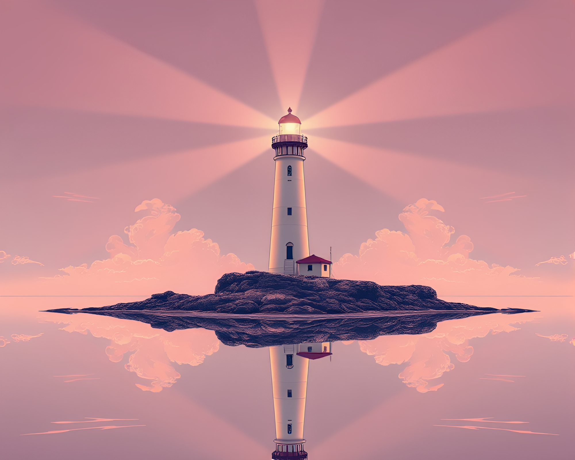 Lighthouse Reflection: Peachy Glow Line Art Symmetry – free AI stock image
