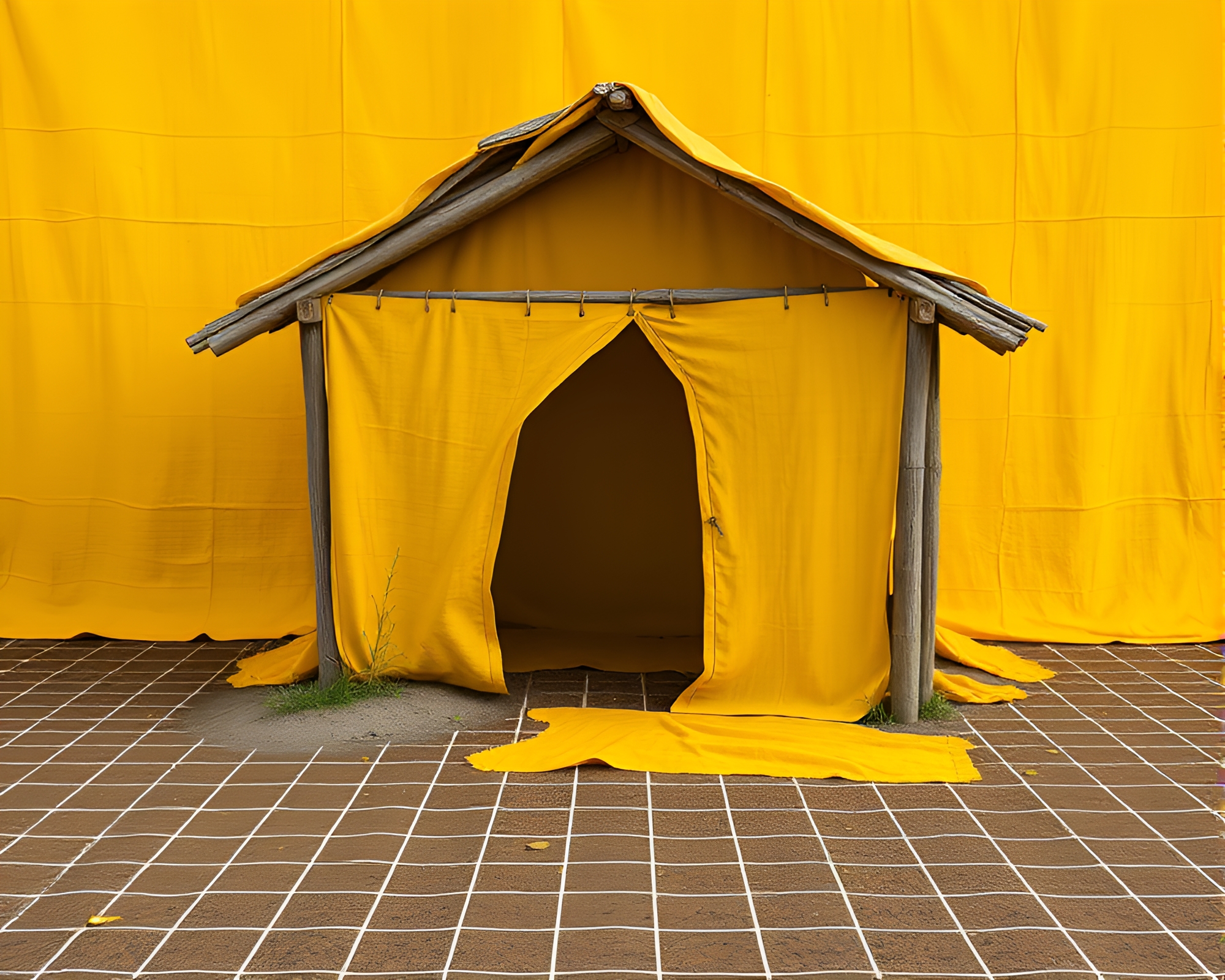 Mustard Yellow Pop: Mud Hut Cloth Simulation Grid – free AI stock image