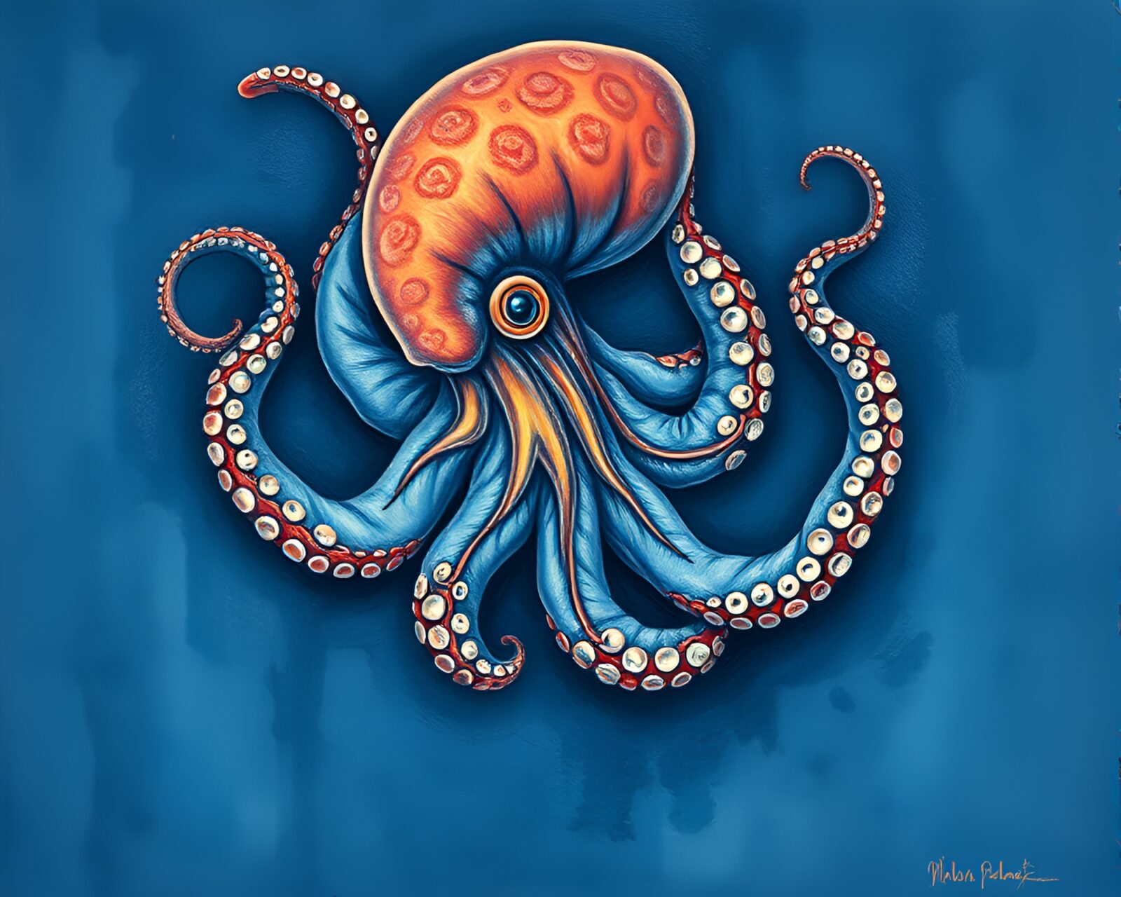 Beautiful octopus amidst swirling spiral patterns in denim hues