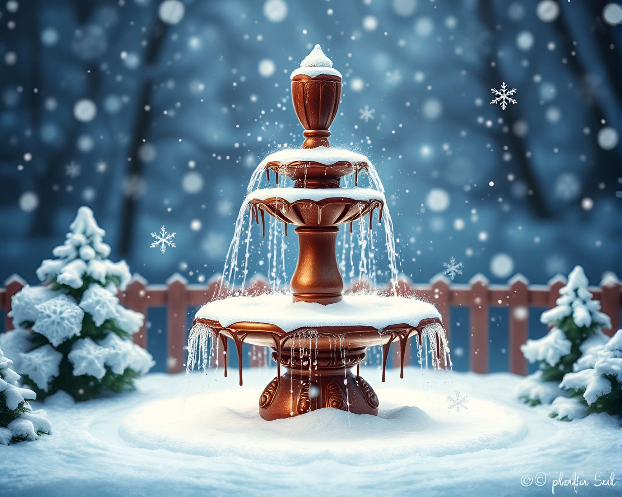 Enchanting Snowflake Chocolate Fountain Scene – free AI stock image