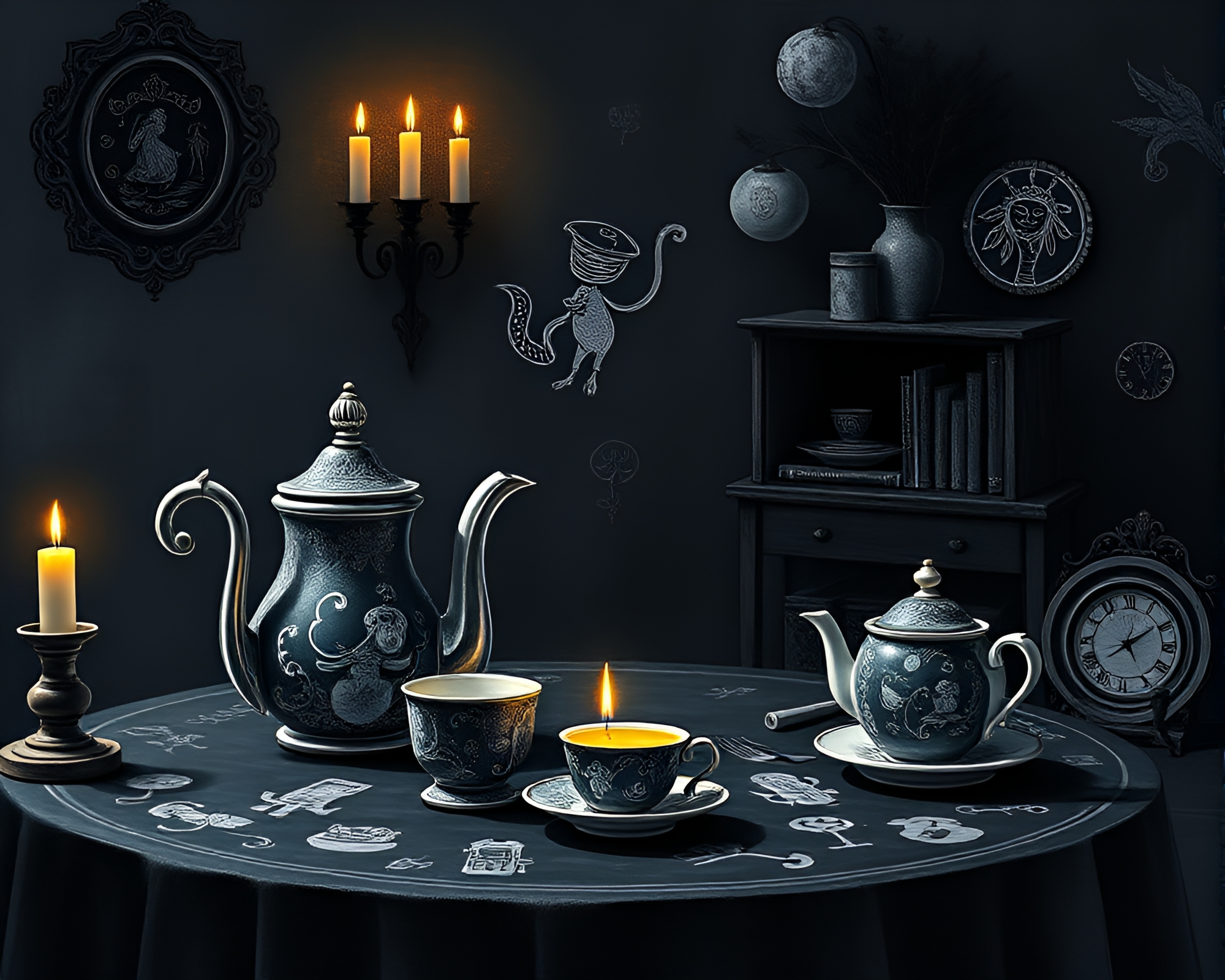 Chalk Illustrated Alice in Wonderland Tea Party Scene – free AI stock image