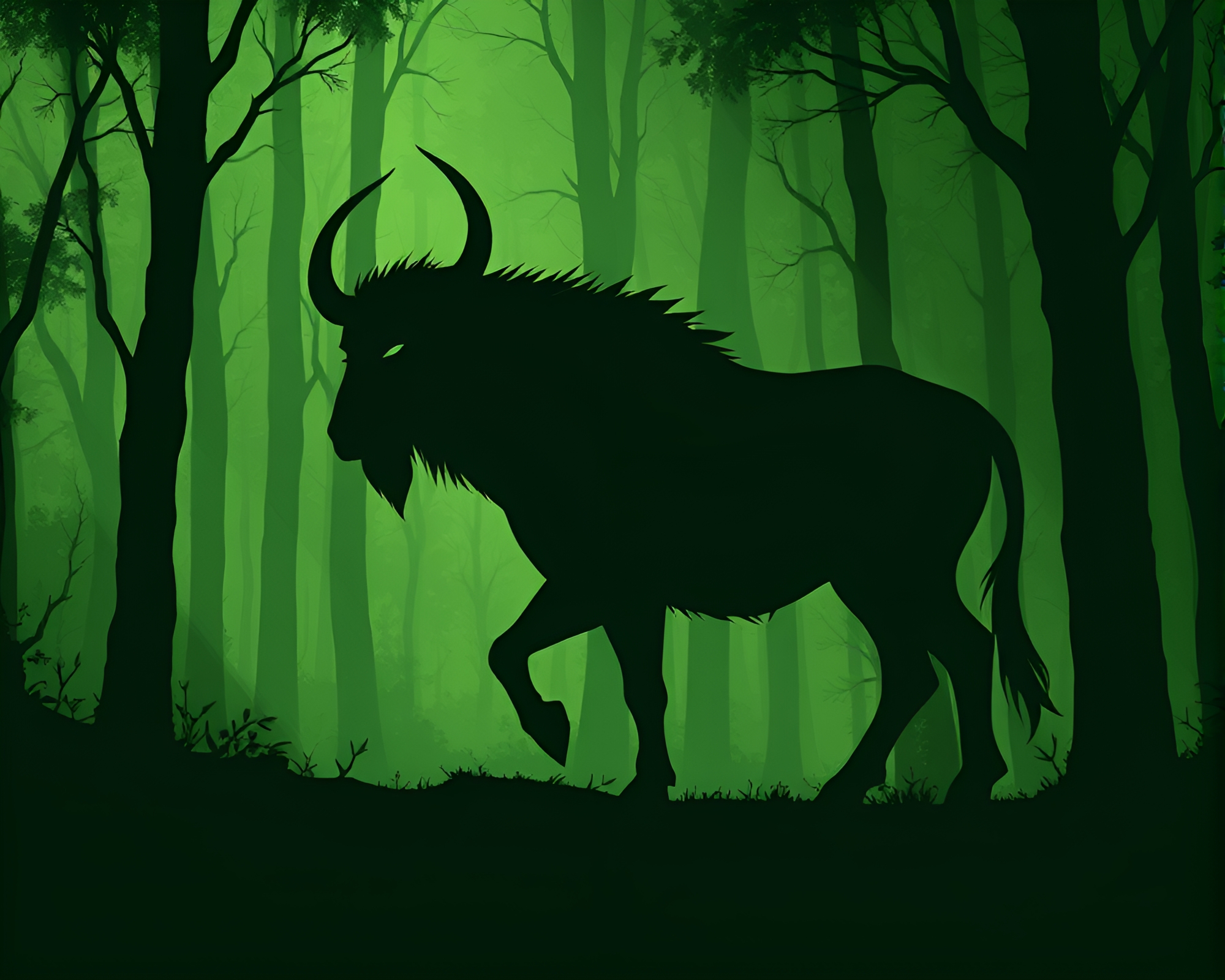 Enchanted Minotaur in Crosshatch Green Forest – free AI stock image