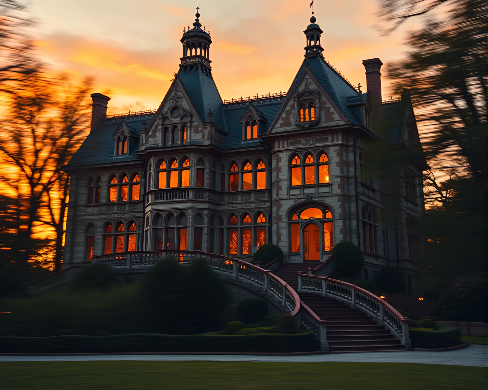 Golden Spiral Neo-Gothic Mansion at Sunset – free AI stock image