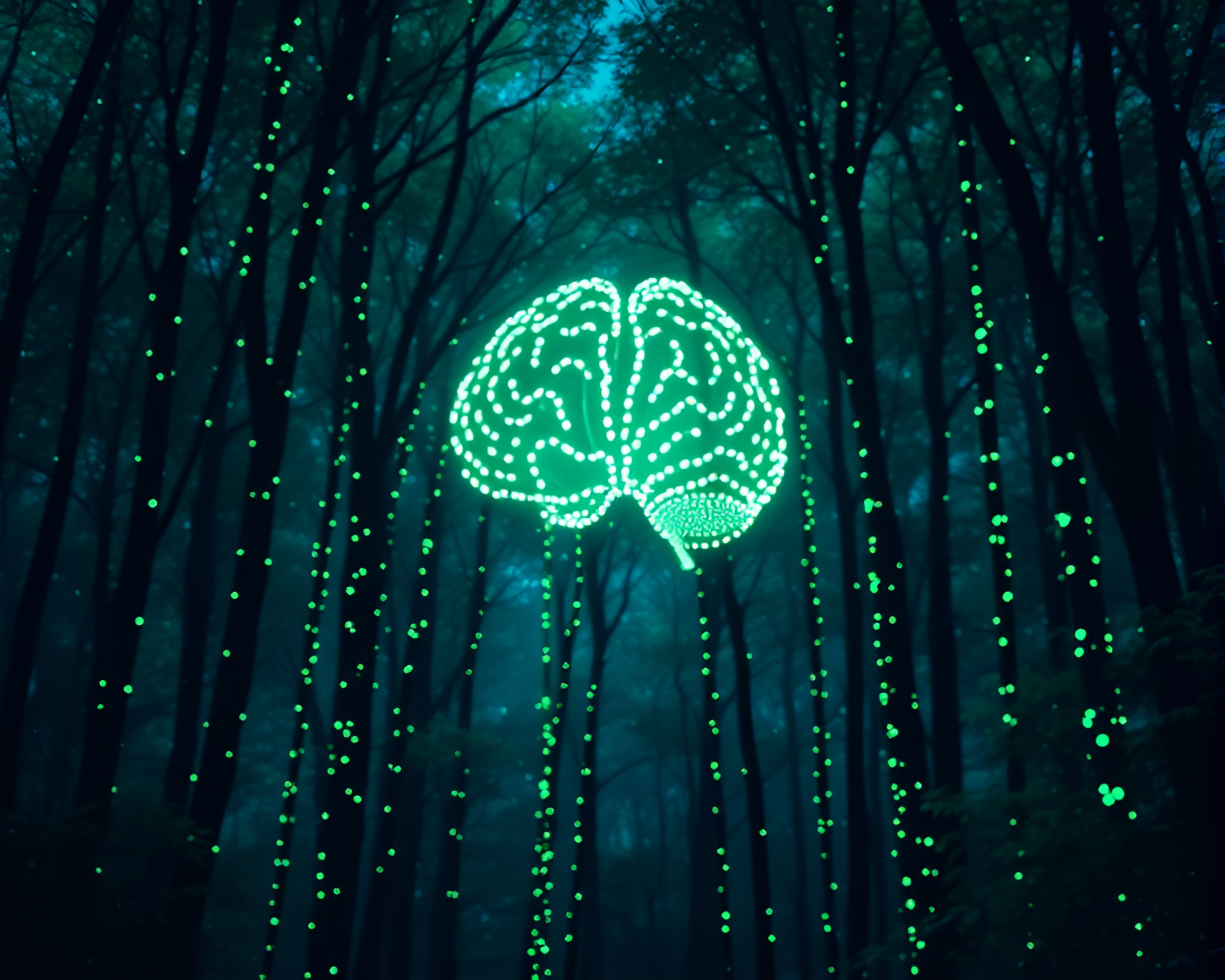 AI Brain Pointillism in Blue Forest Twilight – free AI stock image