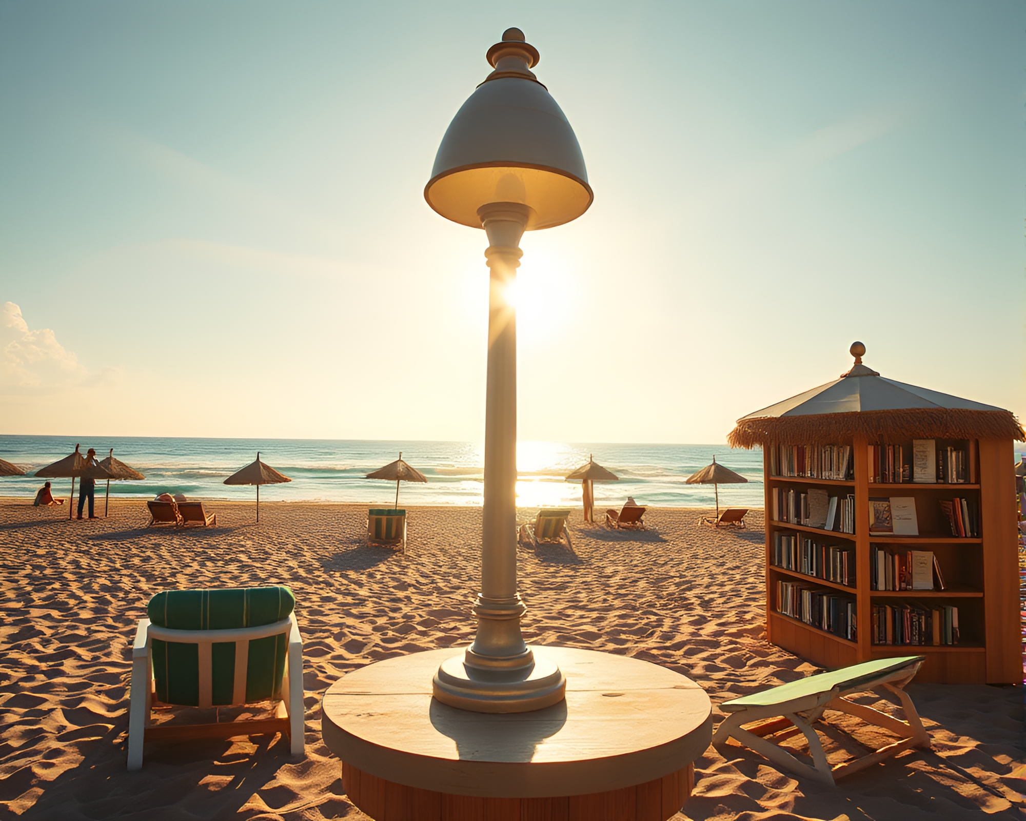 Sun Glares on Summer Beach Library Scene – free AI stock image