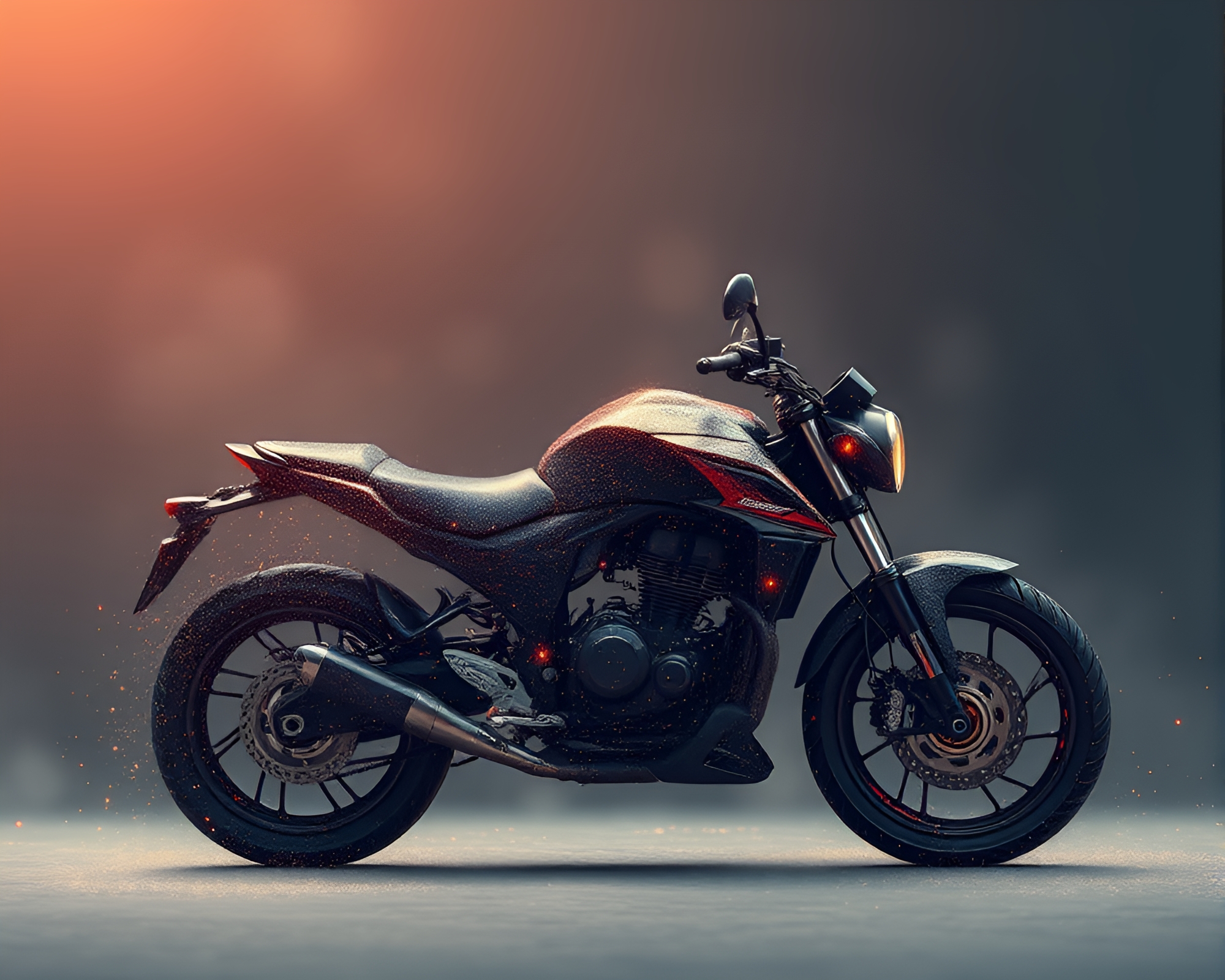 Motorcycle Ride Through Particle Clouds in Gradient Light – free AI stock image