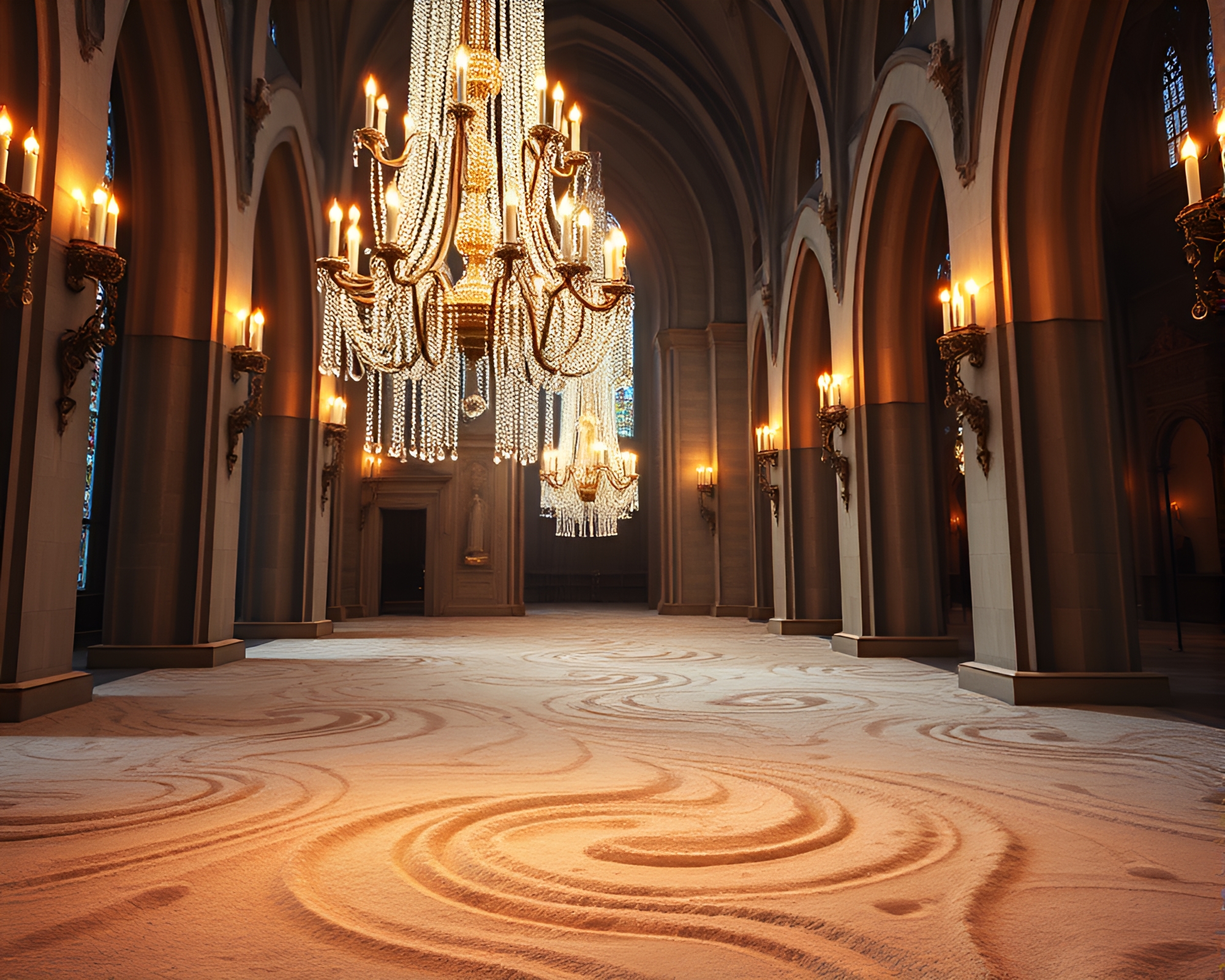 Swirling Sand Patterns Beneath Crystal Chandelier in Candlelight – free AI stock image